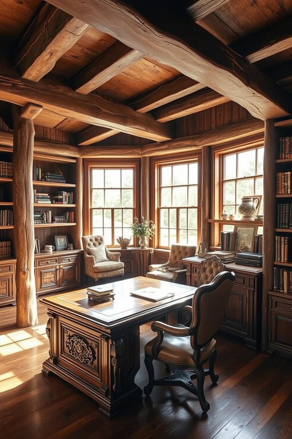 Rustic charm with exposed beams and wood creates a warm and inviting atmosphere. The study features a large wooden desk with intricate carvings, complemented by a plush leather chair. Natural light floods the room through large windows, highlighting the rich textures of the wood. Shelves filled with books and decorative items line the walls, adding personality and depth to the space.