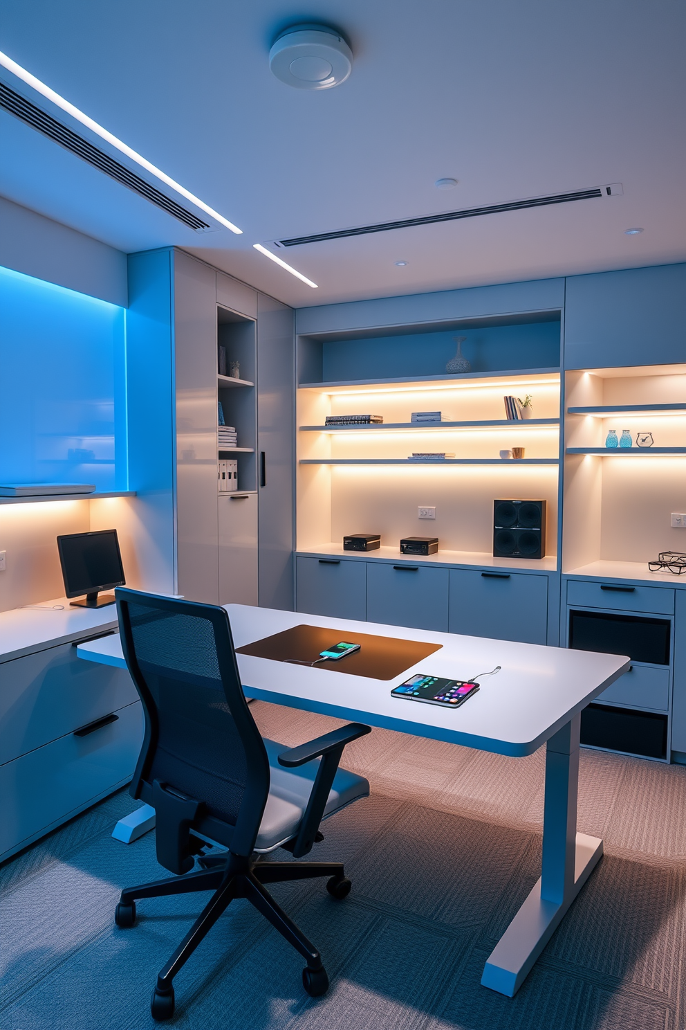 A high-tech workspace featuring smart technology integrated seamlessly into the design. The desk is equipped with a digital display, wireless charging pads, and ambient lighting that adjusts based on the time of day. The room is adorned with ergonomic furniture, including a comfortable chair and adjustable standing desk. Sleek storage solutions and built-in shelving provide organization while maintaining a minimalist aesthetic.