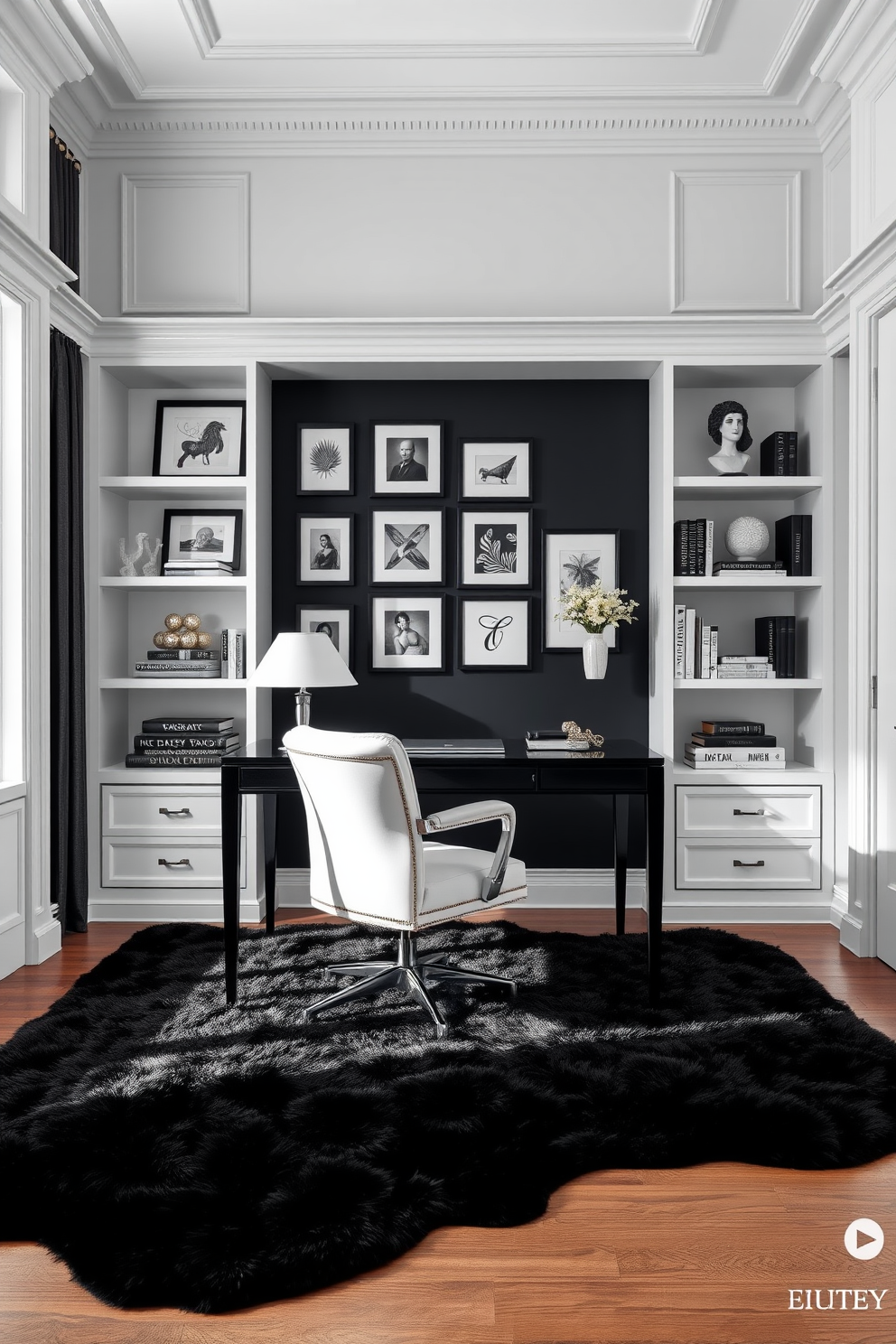 A luxury study room featuring a classic black and white color scheme. The room includes a sleek black desk paired with a white leather chair, positioned under a large window that allows natural light to flood the space. On the wall behind the desk, there is a gallery of black and white framed art pieces. A plush black area rug lies beneath the desk, complementing the white bookshelves filled with elegant decor and books.