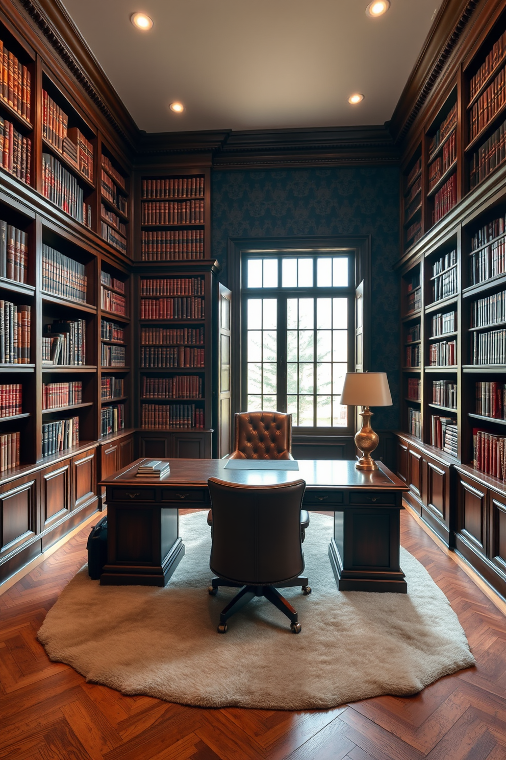 A luxury study room featuring rich wooden bookshelves that stretch from floor to ceiling filled with leather-bound books. A large mahogany desk sits in the center, complemented by a plush leather chair and a stylish brass desk lamp. The walls are adorned with deep blue wallpaper, creating a cozy yet elegant backdrop. A soft area rug lies beneath the desk, and large windows allow warm natural light to filter in, enhancing the inviting atmosphere.