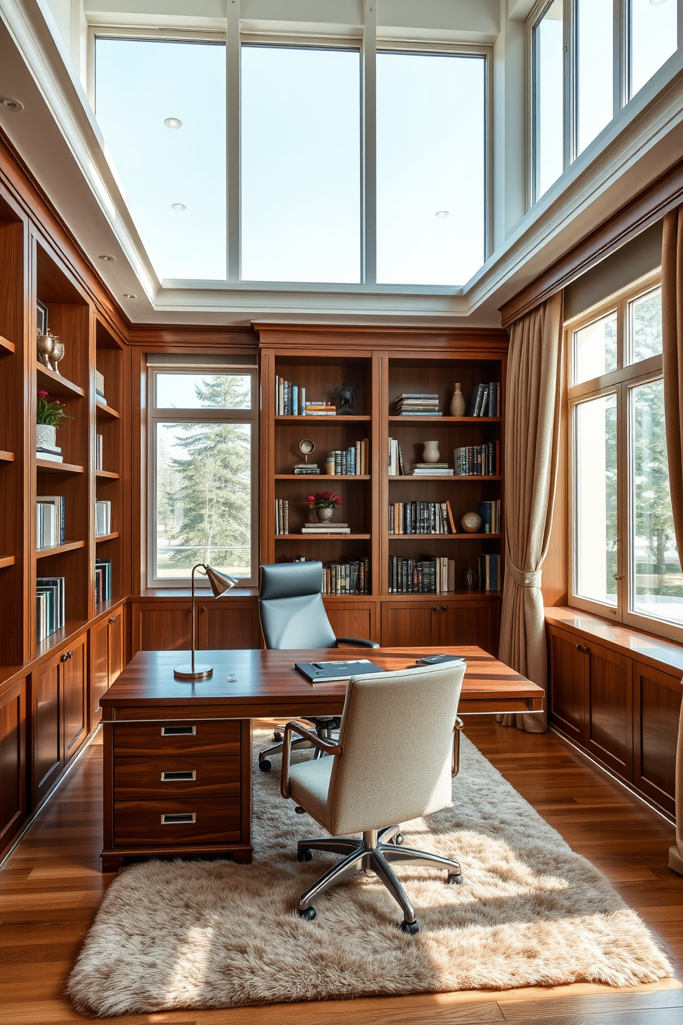 A luxury study room features a sleek wooden desk with integrated storage and a comfortable ergonomic chair. The walls are adorned with built-in bookshelves filled with curated books and decorative items, creating an inviting atmosphere. Natural light floods the space through large windows, complemented by elegant drapes that add a touch of sophistication. A plush area rug anchors the room, while stylish lighting fixtures enhance the overall design and functionality.