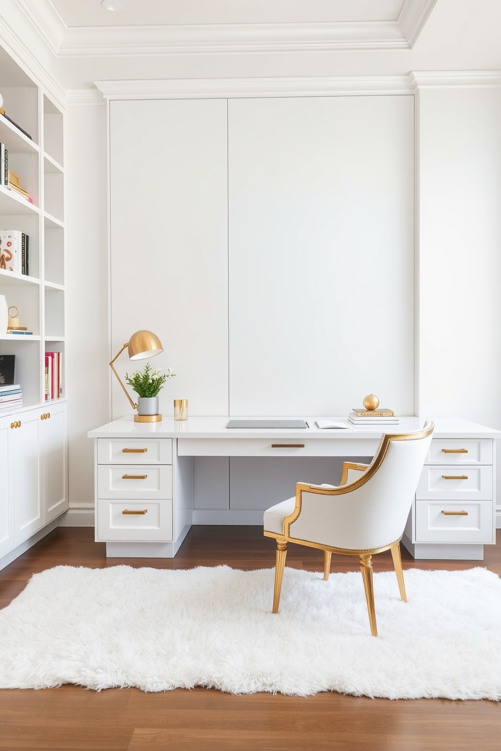 A minimalist white study with gold accents features sleek white cabinetry and a large desk with clean lines. Elegant gold desk accessories and a stylish gold lamp complement the bright, airy atmosphere. The walls are adorned with simple white shelving that showcases curated books and decorative items. A plush white rug adds warmth to the space, while a comfortable chair with gold detailing invites productivity.