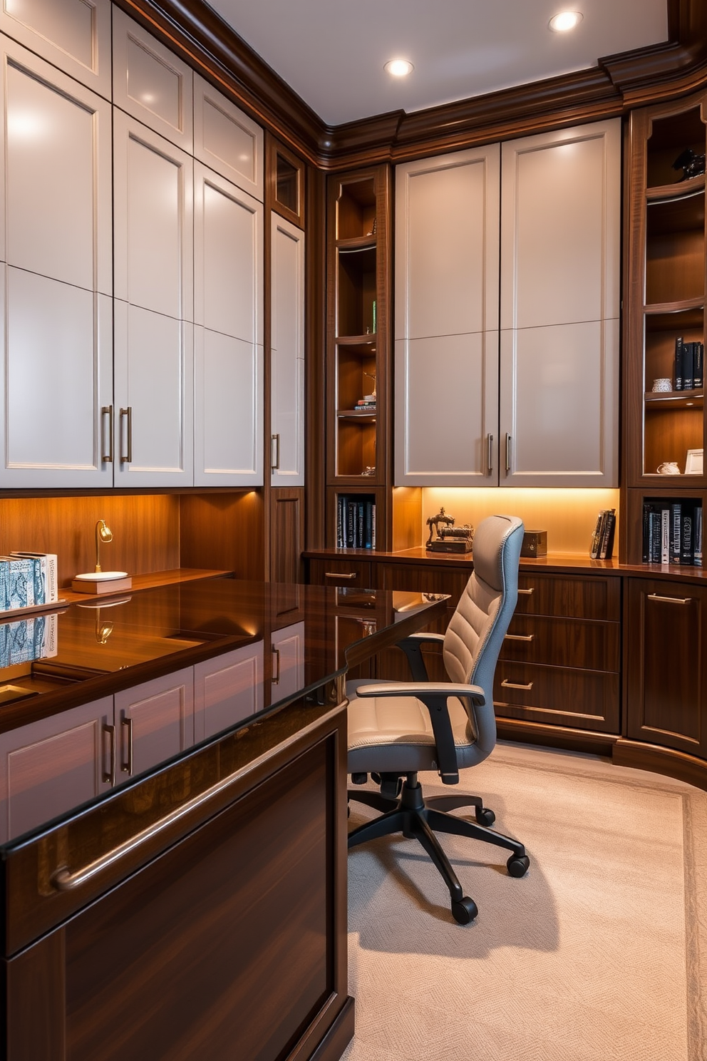 A luxury study room featuring customized cabinetry that perfectly fits the space. The cabinetry showcases rich wood finishes and elegant hardware, providing both style and functionality. A large, polished desk sits in the center, complemented by a plush ergonomic chair. Soft, ambient lighting illuminates the room, enhancing the sophisticated atmosphere.