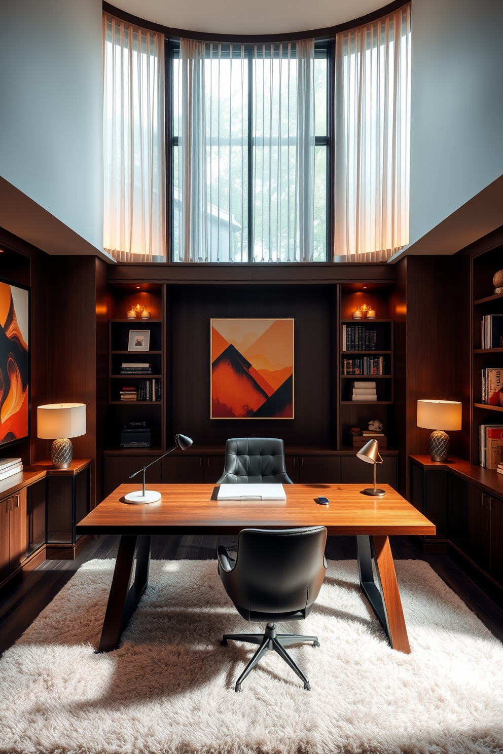 A luxury study room featuring a sleek wooden desk positioned in front of a large window with sheer curtains allowing natural light to flow in. The walls are adorned with contemporary artwork that adds a vibrant touch to the serene atmosphere, complemented by a plush area rug underfoot. The room includes a comfortable leather chair and built-in shelves filled with books and decorative items. Soft, warm lighting from stylish lamps creates an inviting ambiance perfect for productivity and relaxation.