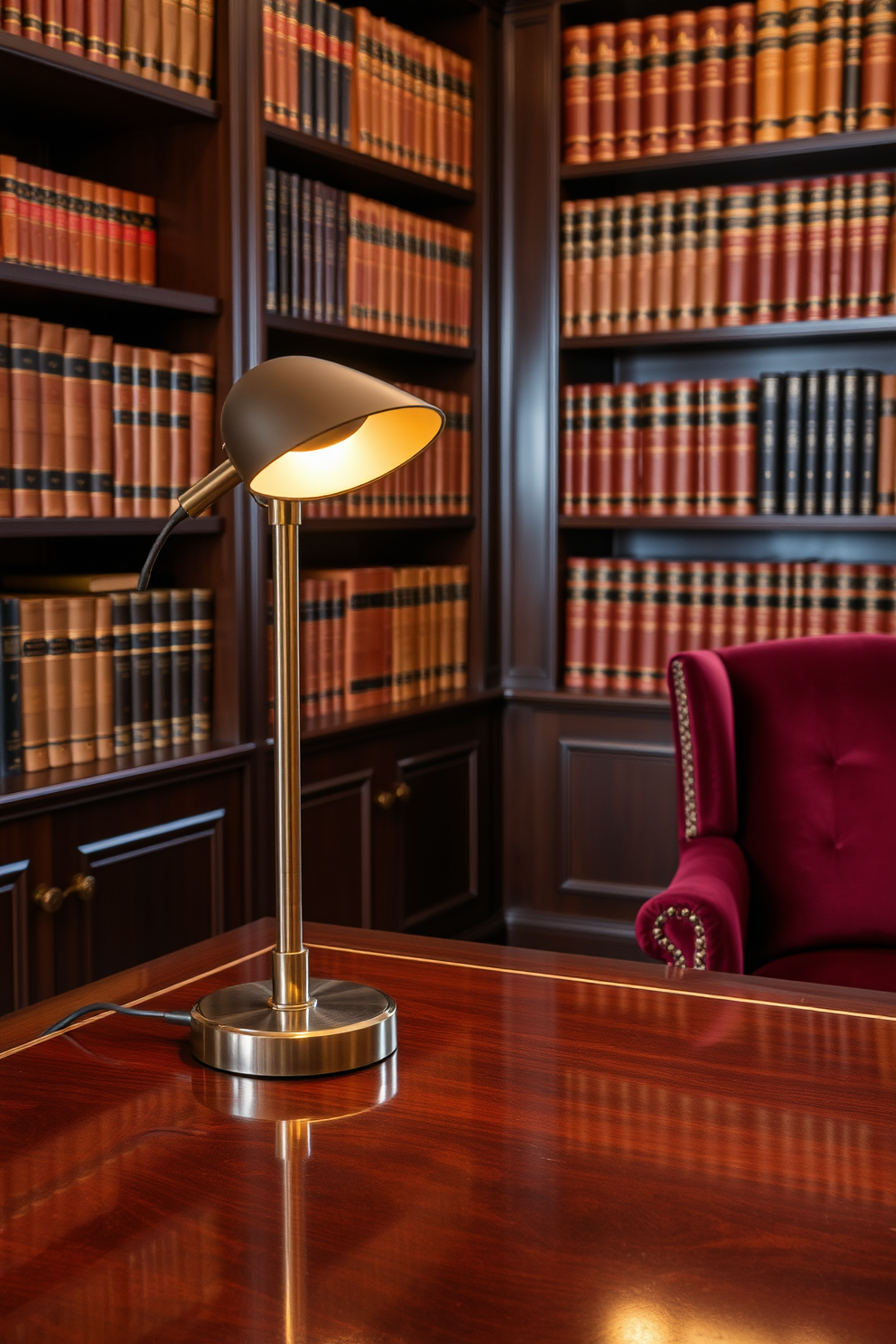 A stylish desk lamp sits on a polished wooden desk, providing focused lighting for an elegant workspace. The lamp features a sleek metallic finish and a warm glow that enhances the luxurious ambiance of the study room. The study room is designed with rich, dark wood bookshelves filled with leather-bound books. A plush armchair in deep burgundy complements the sophisticated decor, creating a perfect reading nook beside the desk.