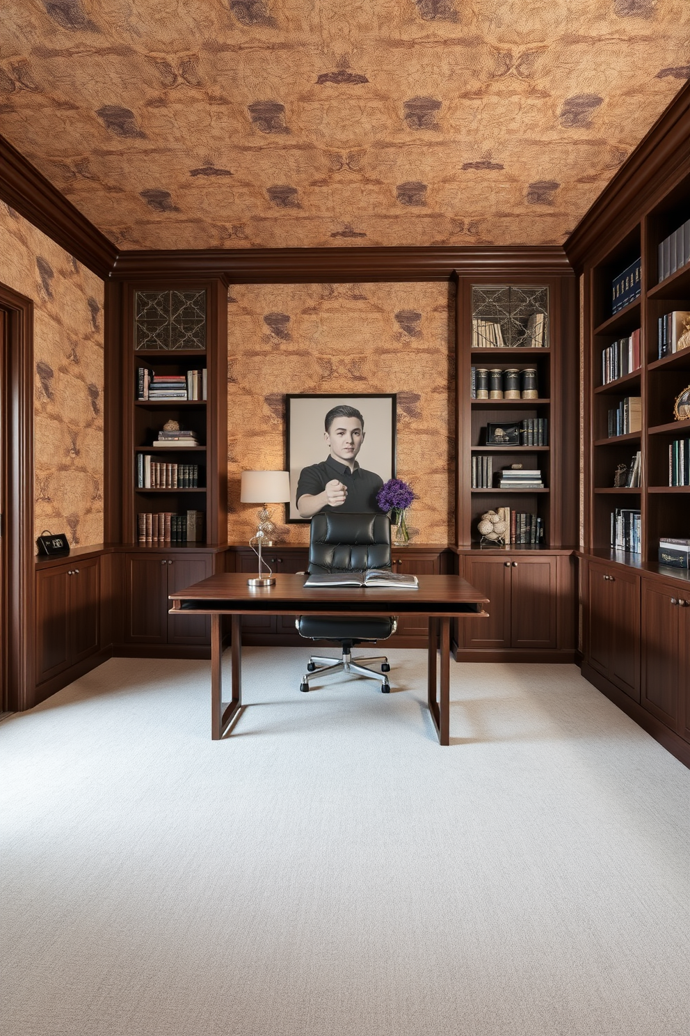 A luxury study room featuring textured wallpaper that adds depth and interest to the space. The room is furnished with a sleek wooden desk, a plush leather chair, and built-in bookshelves filled with books and decorative items.