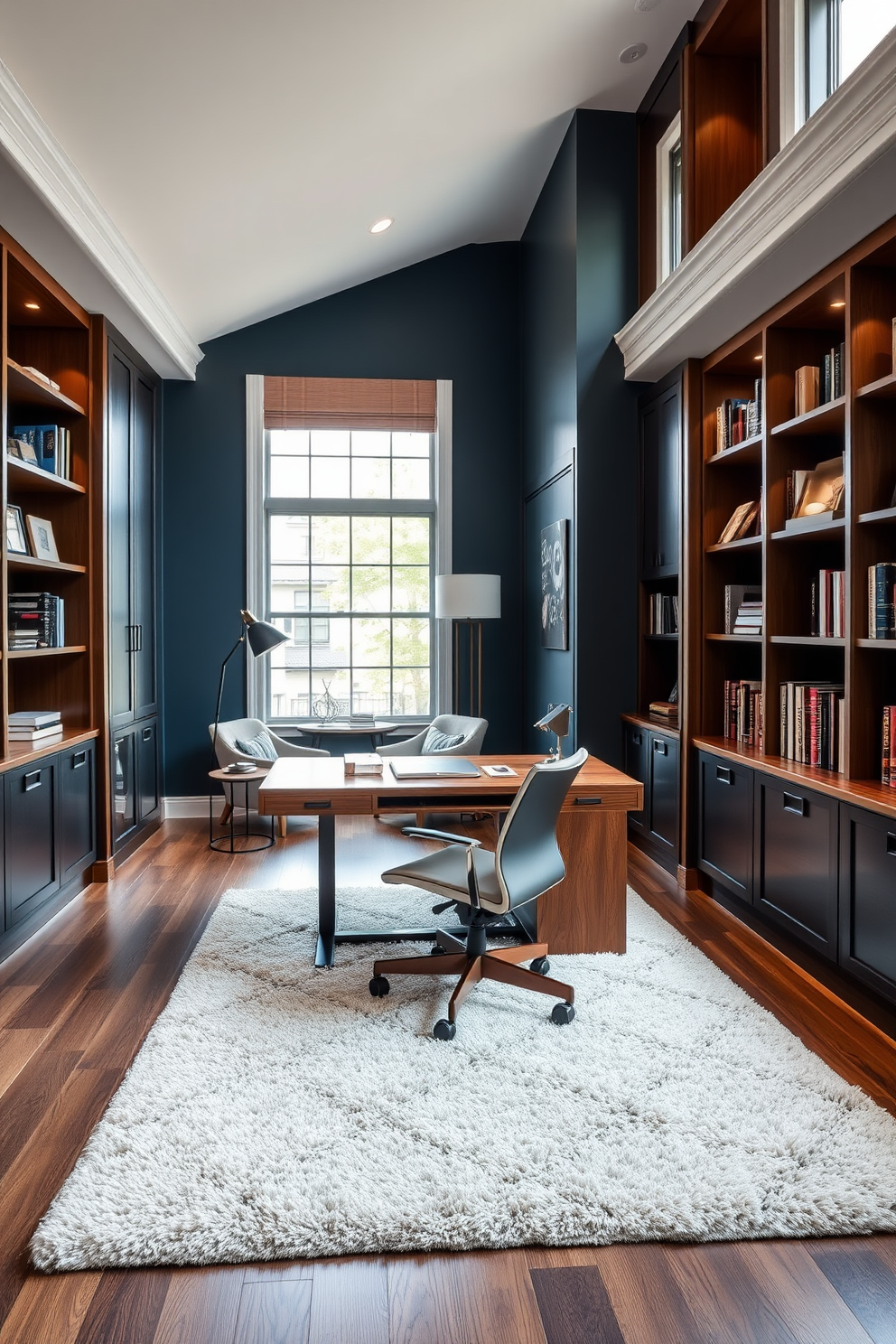 A luxurious study room featuring a sleek wooden desk with integrated storage and a comfortable ergonomic chair. The walls are adorned with built-in bookshelves filled with books and decorative items, while a plush area rug adds warmth to the space. Natural light floods the room through large windows, illuminating a sophisticated color palette of deep blues and warm neutrals. A stylish floor lamp and a small side table create an inviting reading nook in one corner, enhancing the room's functionality and elegance.