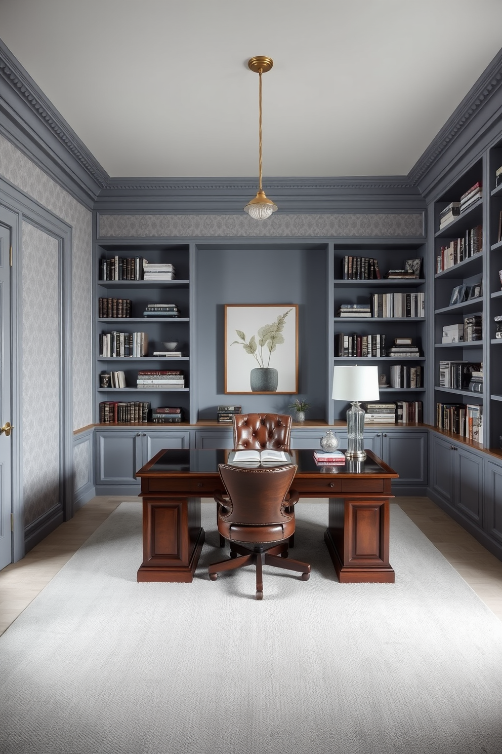 A serene color palette featuring soft blues and muted grays creates a calming atmosphere in the luxury study room. The walls are adorned with elegant wallpaper, and plush carpeting adds warmth underfoot. A large wooden desk with a polished finish sits at the center, complemented by a comfortable leather chair. Floor-to-ceiling bookshelves filled with curated books and decorative items provide both functionality and style.