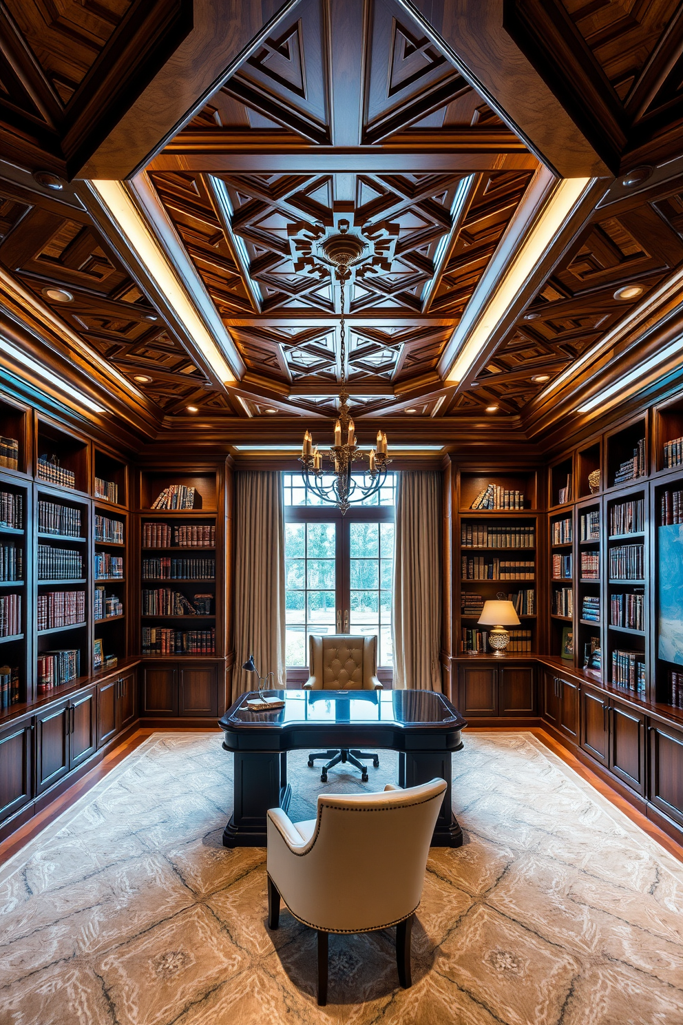 Artistic ceiling design to elevate the room. The ceiling features intricate wood paneling with a geometric pattern that draws the eye upward and adds depth to the space. Luxury study room design ideas. The room is adorned with rich mahogany bookshelves filled with leather-bound volumes, and a large, elegant desk sits in front of a window with plush drapes.