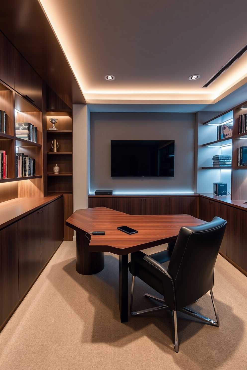 A luxury study room featuring integrated technology for modern convenience. The space includes a sleek wooden desk equipped with built-in charging ports and a high-resolution monitor mounted on the wall. Plush leather seating is arranged for comfort, complemented by ambient LED lighting that adjusts with the time of day. Bookshelves line the walls, showcasing a curated collection of literature and decorative items, creating an inviting atmosphere for productivity.