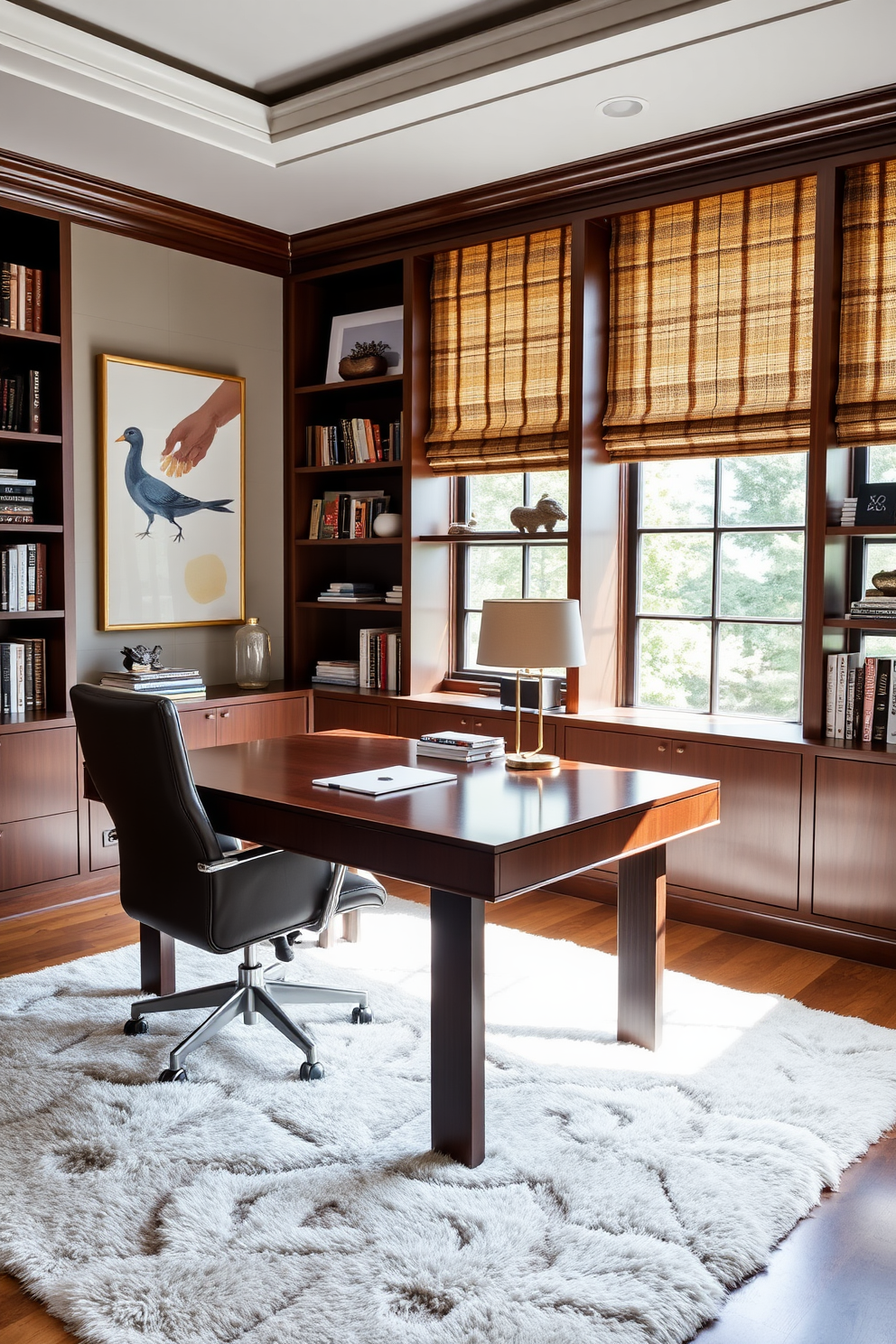 A luxury study room featuring a sleek wooden desk with a high-backed leather chair. The walls are adorned with custom artwork and bookshelves filled with a curated collection of books and decorative items. A plush area rug anchors the space, while large windows allow natural light to flood in. A stylish table lamp sits on the desk, providing a warm glow for late-night work sessions.