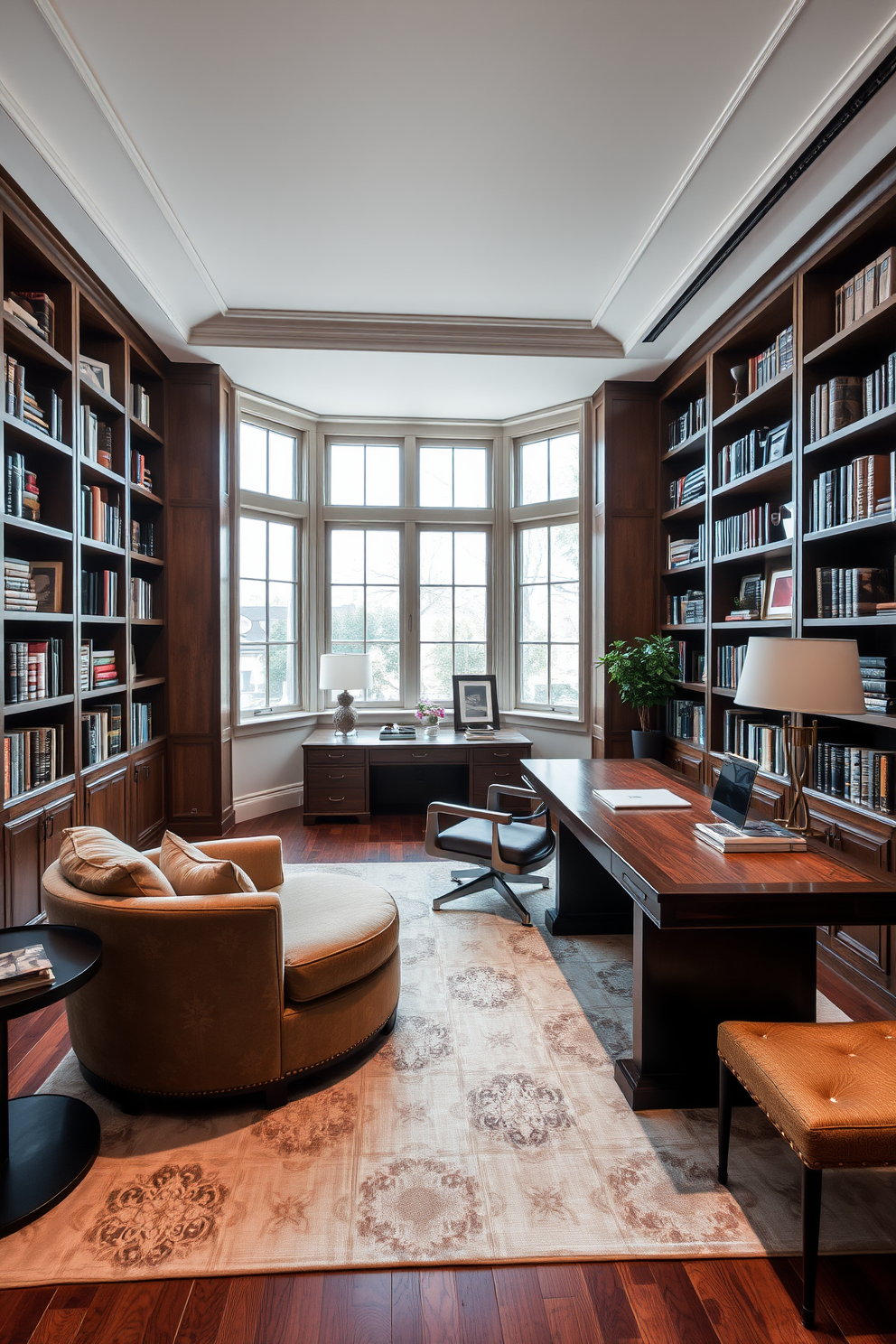 A luxury study room featuring comfortable seating that promotes both productivity and relaxation. The space includes a plush armchair upholstered in rich fabric paired with a sleek wooden desk, creating an inviting atmosphere for work and leisure. Natural light floods the room through large windows, illuminating the elegant bookshelves filled with curated books and decorative items. Soft, neutral tones on the walls complement the warm wood finishes, while a stylish area rug adds texture underfoot.