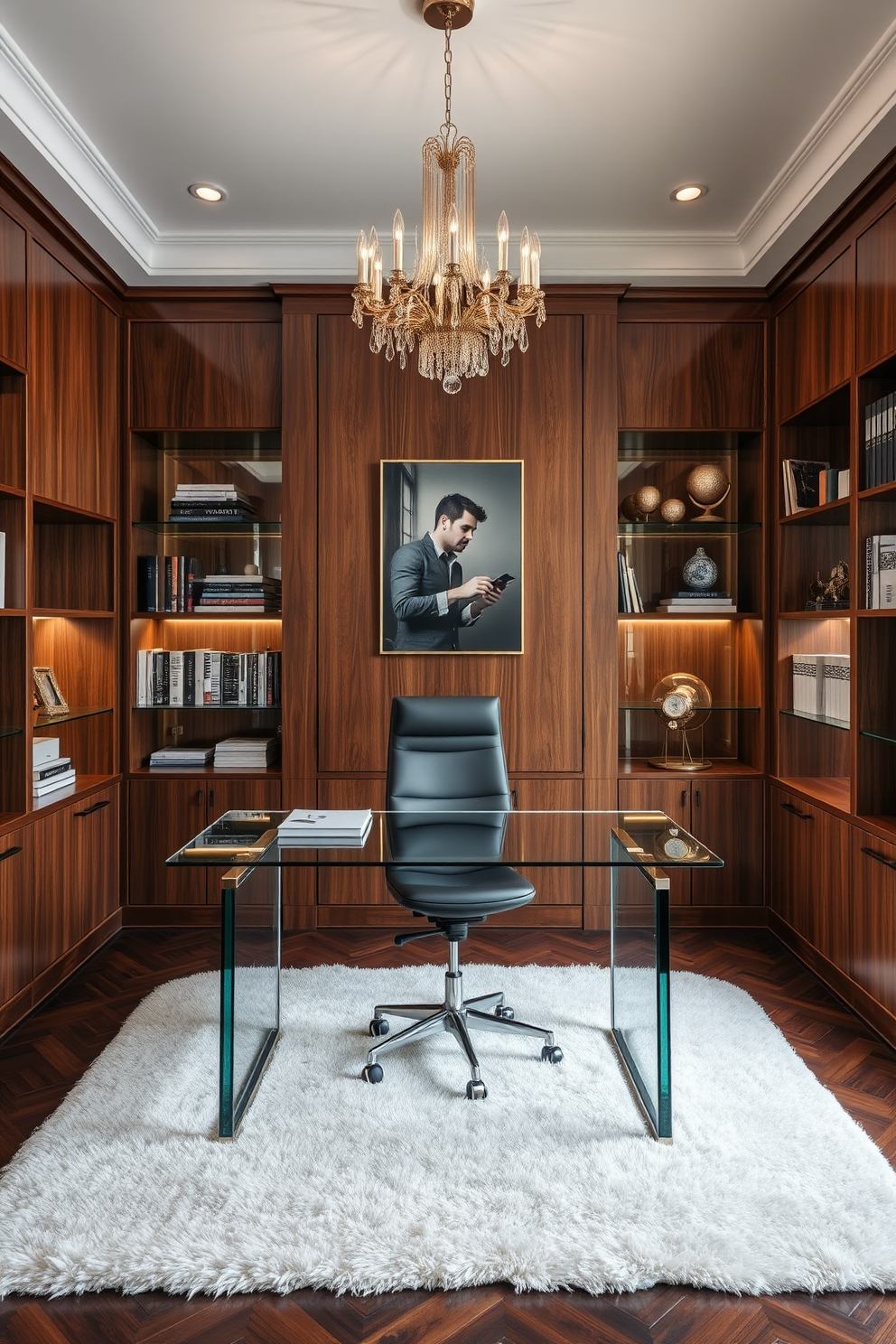 A modern glass desk with sleek lines is positioned in the center of a luxury study room. The walls are adorned with rich wood paneling, and a plush area rug adds warmth to the space. A stylish ergonomic chair complements the desk, while a statement chandelier hangs above, illuminating the room. Shelves filled with curated books and decorative objects flank the desk, creating an inspiring and sophisticated atmosphere.