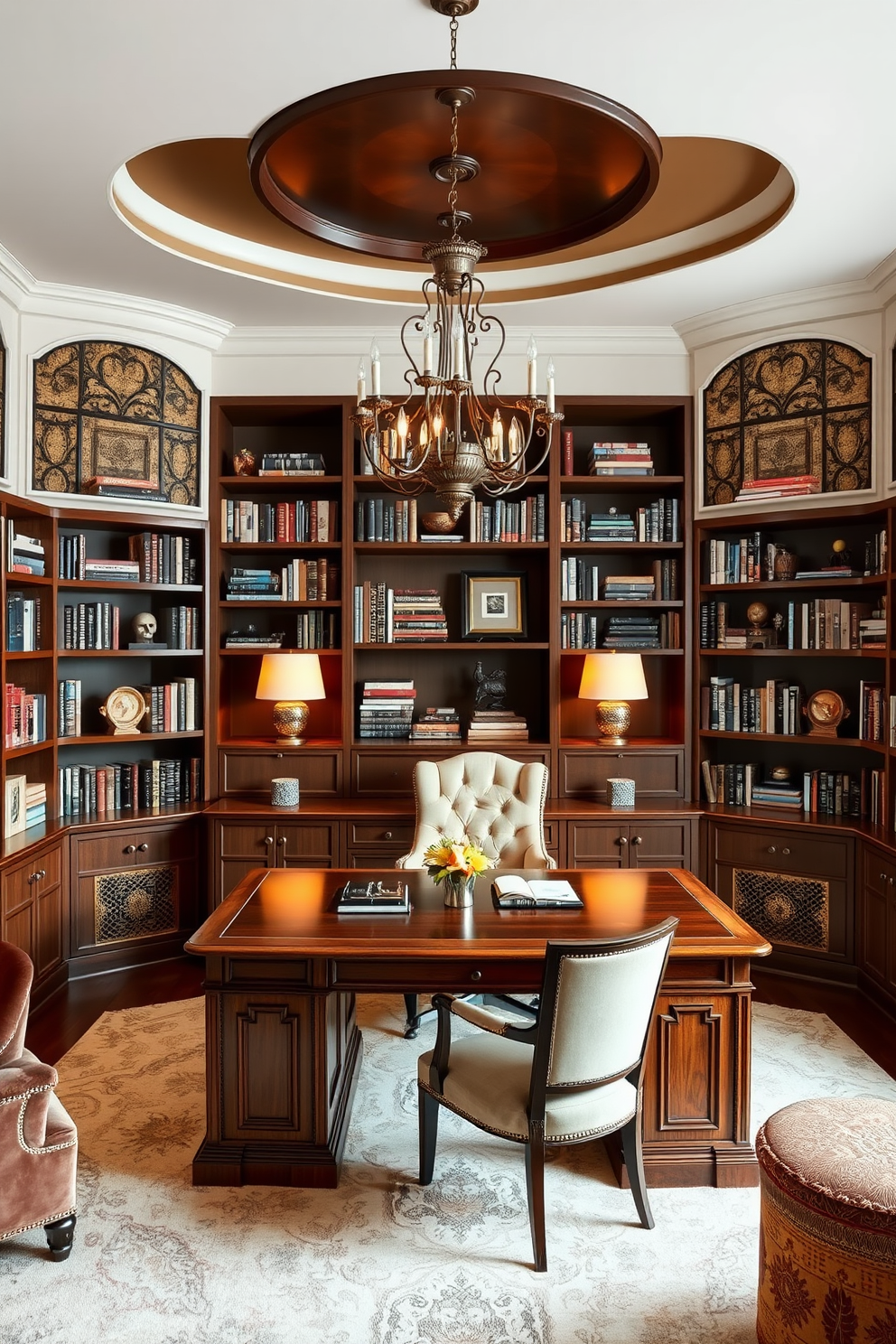 A stunning study room featuring unique bookshelf designs as focal points. The walls are lined with custom-built shelves filled with an eclectic mix of books and decorative items, creating an inviting atmosphere. In the center, a large wooden desk with an elegant finish sits beneath a stylish chandelier. Plush seating options, including a velvet armchair and a cozy reading nook, enhance the luxurious feel of the space.