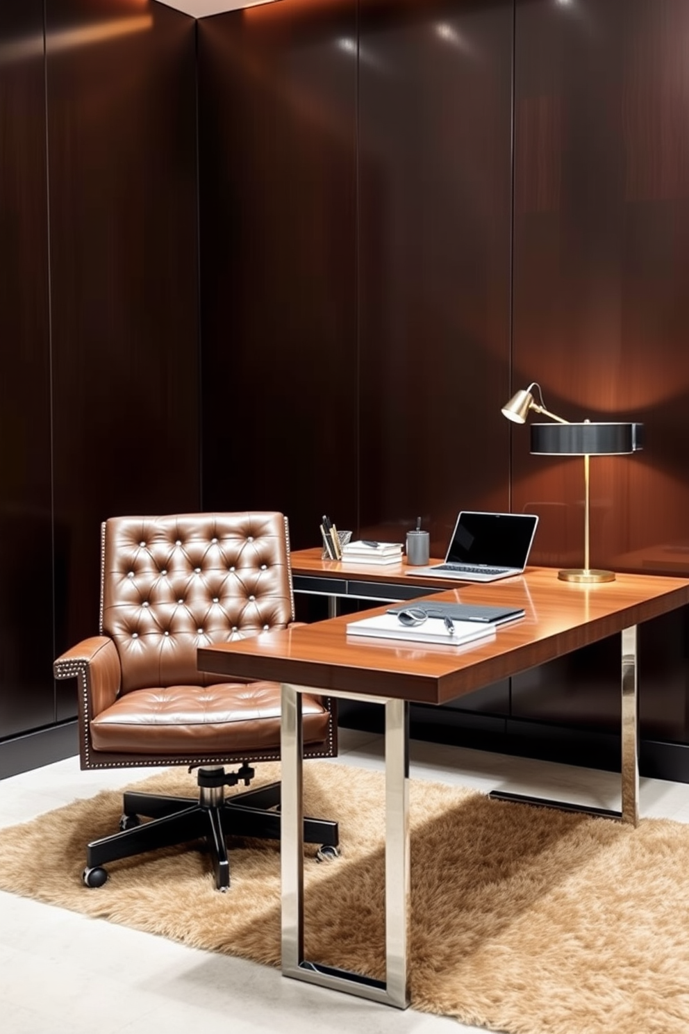 A vintage leather armchair sits elegantly beside a sleek contemporary desk made of polished wood and metal. The walls are adorned with rich, dark tones, complemented by warm lighting that creates an inviting atmosphere. On the desk, a stylish lamp casts a soft glow over an organized workspace featuring modern stationery and a laptop. A plush area rug lies beneath the chair, adding comfort and sophistication to the luxury study room design.