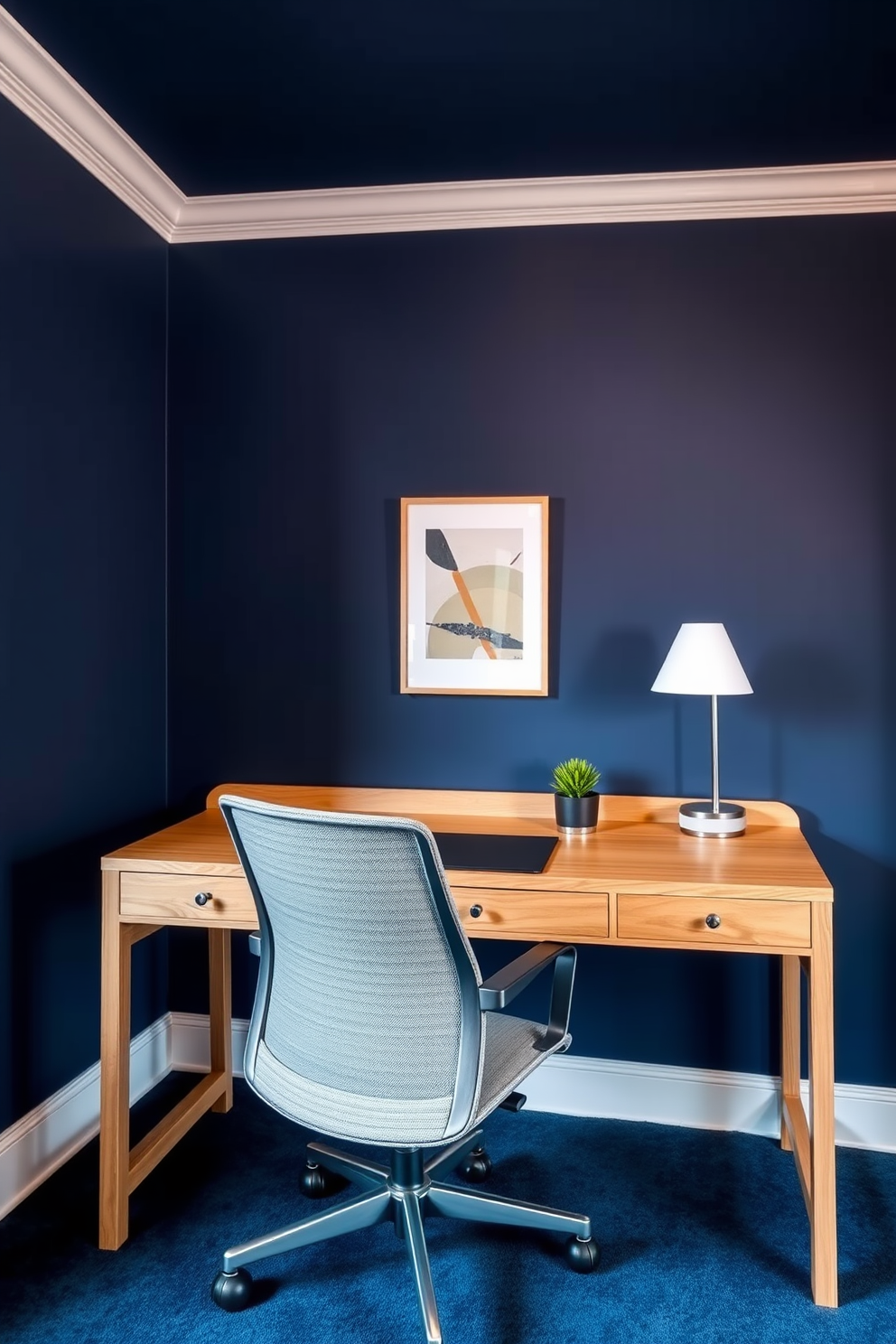 A luxury study room with bold colored walls in a deep navy blue. The room features a sleek wooden desk with a modern ergonomic chair, complemented by minimalist decor elements such as a single abstract art piece and a small potted plant on the desk.