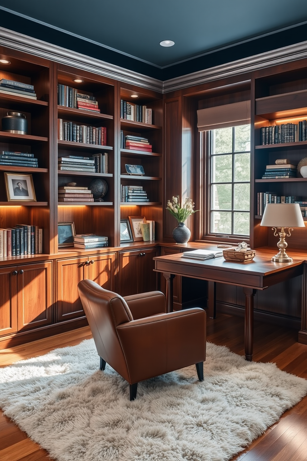 A stylish study room features built-in shelves that elegantly display a curated collection of books and decorative items. The shelves are crafted from rich wood and accented with soft lighting to highlight the decor. The room is designed with a comfortable leather armchair and a sleek wooden desk positioned under a large window. A plush area rug adds warmth to the space, while a sophisticated color palette of deep blues and warm neutrals creates a calming atmosphere.