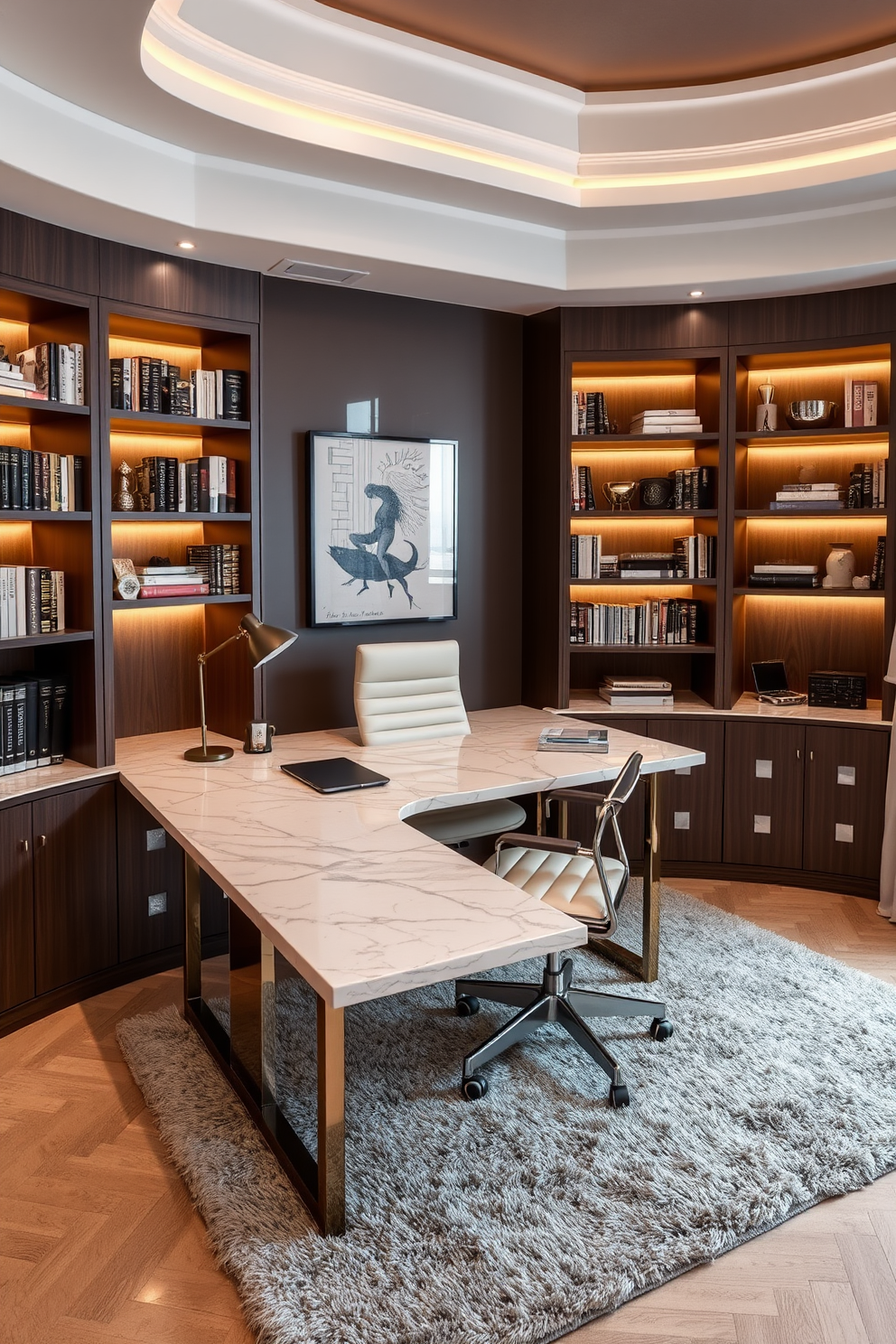 A sophisticated marble desk with clean lines is paired with an ergonomic chair that offers both comfort and style. The room features warm lighting that highlights the elegant textures of the marble and enhances the overall ambiance. Surrounding the desk, built-in shelves display curated books and decorative items, adding personality to the space. A plush area rug anchors the room, creating a cozy atmosphere perfect for focused work or study.