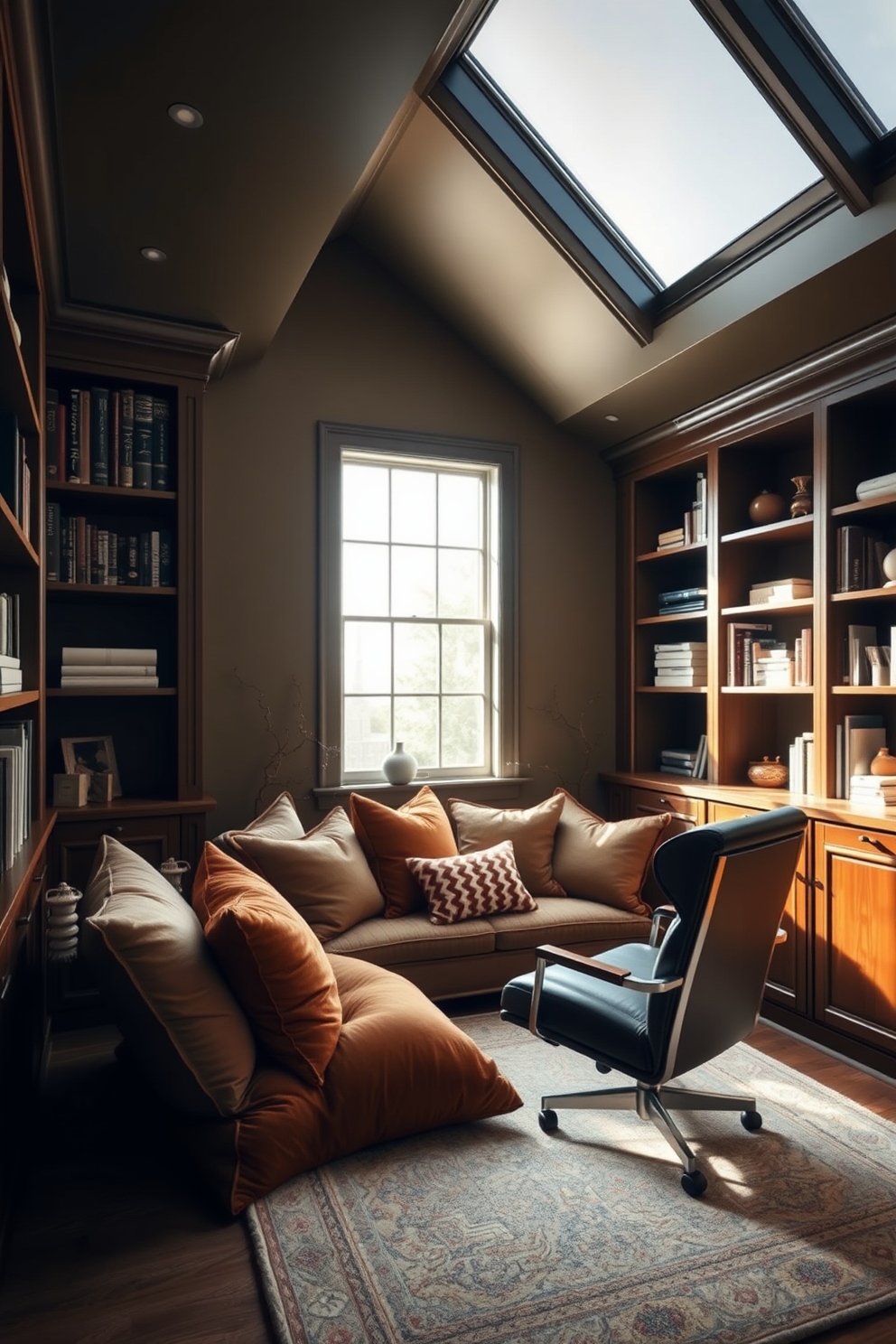 Cozy reading nook with oversized cushions. Soft natural light filters through a large window, illuminating a corner filled with plush oversized cushions in warm tones. Luxury study room design ideas. The room features a sleek wooden desk paired with a comfortable leather chair, surrounded by built-in bookshelves filled with a curated collection of books and decorative items.