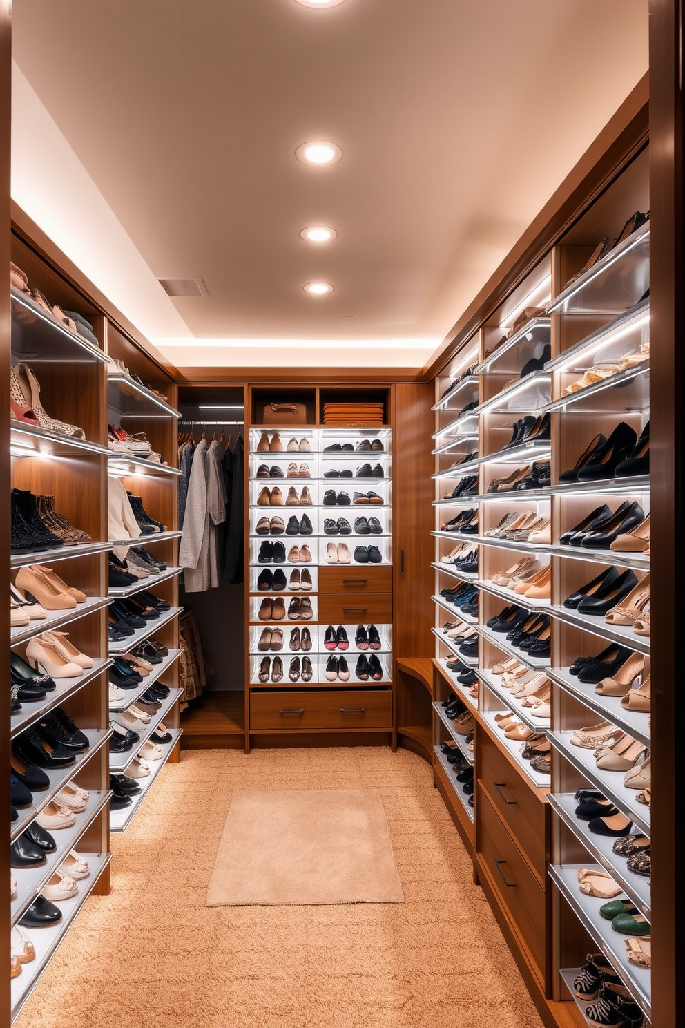 A spacious luxury walk-in closet featuring spinning shoe racks for efficient storage. The racks are elegantly designed, allowing easy access to an extensive shoe collection while maintaining a sleek aesthetic. Soft ambient lighting highlights the rich wood finishes and plush carpeting throughout the space. Custom shelving and hanging areas provide ample room for clothing and accessories, creating an organized and inviting atmosphere.