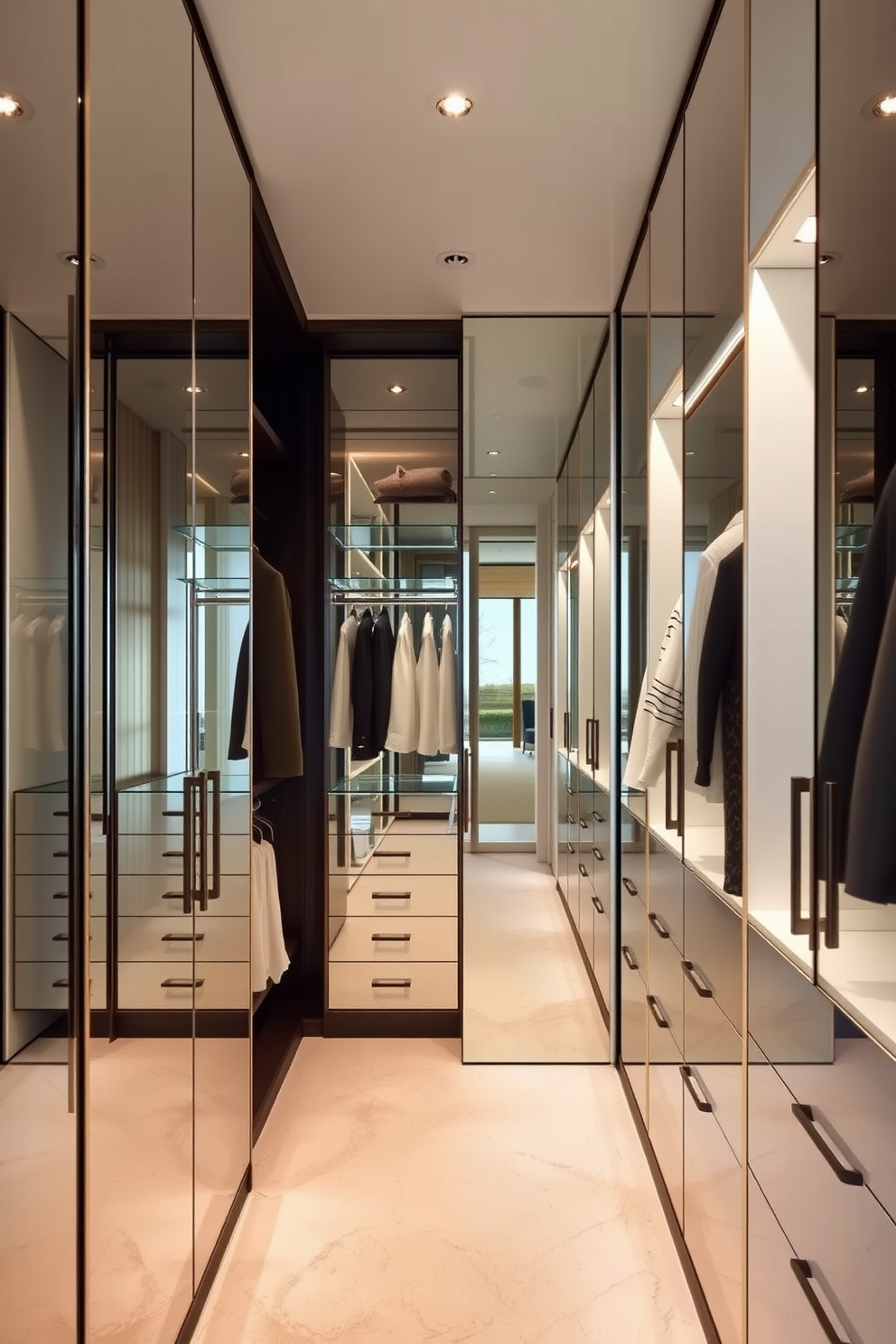 A luxury walk-in closet featuring mirrored walls that enhance the perception of space. The design includes custom shelving and hanging areas, with elegant lighting that highlights the high-end finishes.