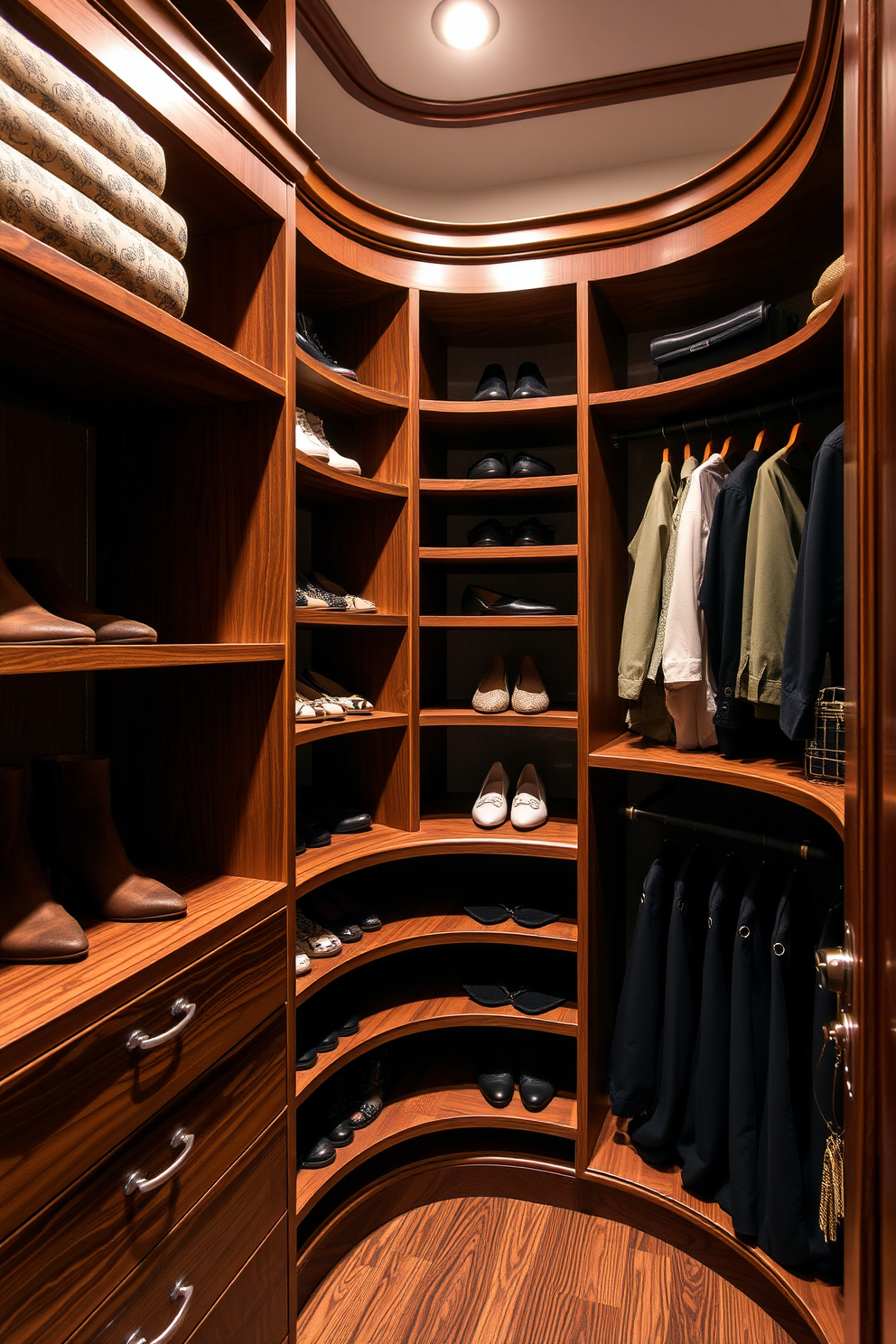 A luxury walk-in closet featuring open shelving for easy visibility and access. The shelves are crafted from rich wood, elegantly displaying a curated collection of shoes and accessories.