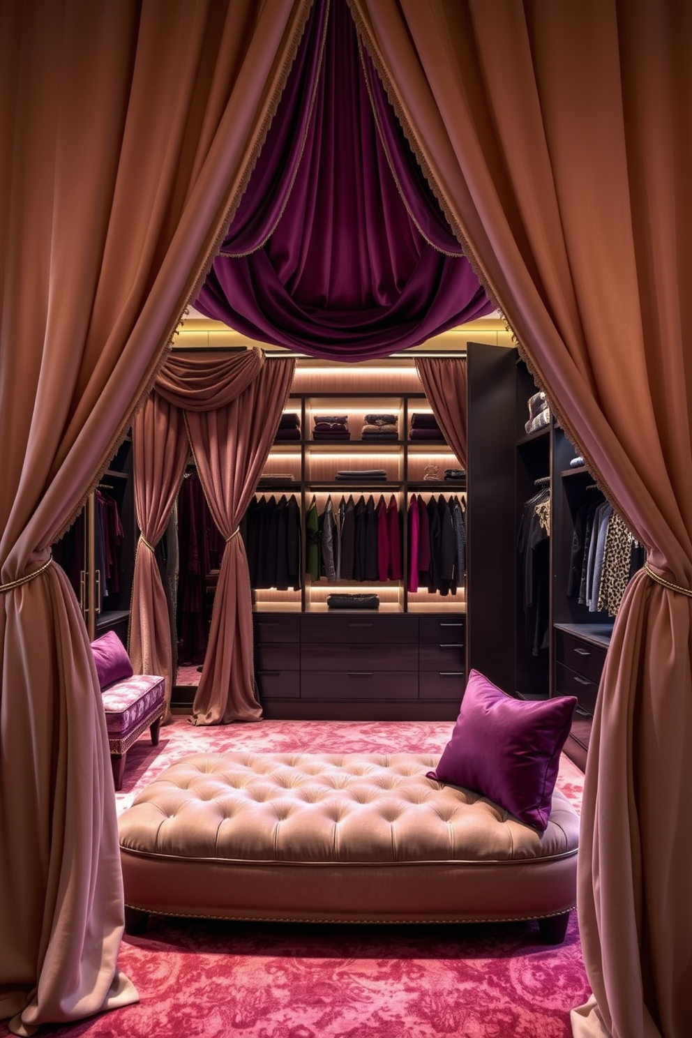 Luxurious fabrics drape elegantly from the ceiling to the floor, creating a rich and inviting atmosphere. The upholstery features plush textures in deep jewel tones, complementing the overall opulence of the space. The walk-in closet is designed with spacious shelves and soft ambient lighting that highlights the luxurious materials. Elegant mirrors and a plush seating area add functionality and style, making it a perfect retreat for organizing outfits.