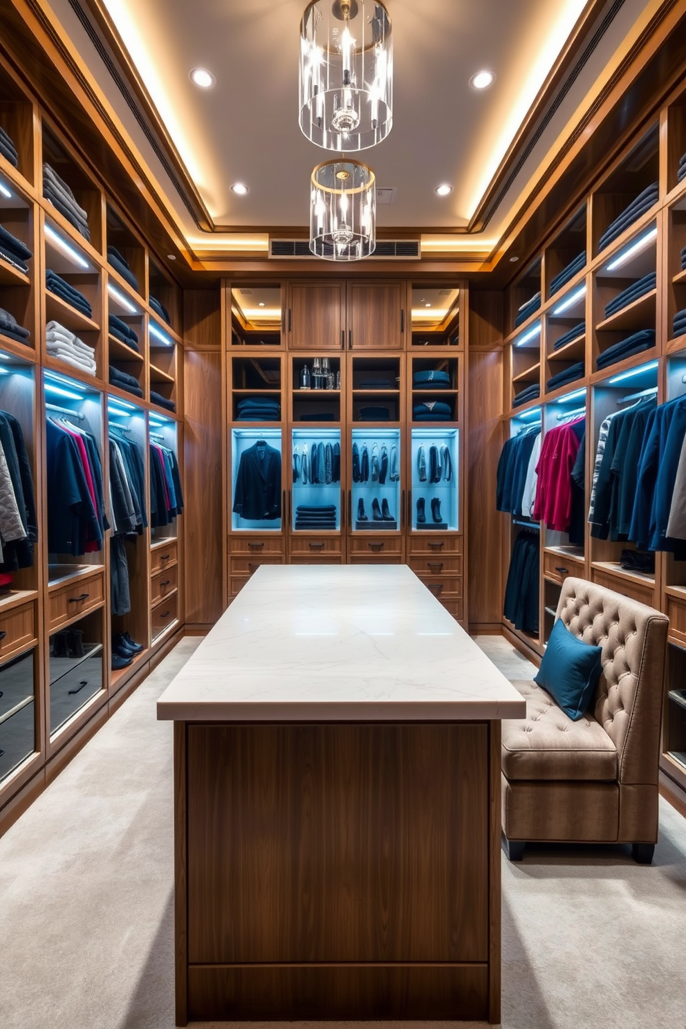 A spacious luxury walk-in closet featuring an island with a smooth countertop designed for folding clothes. The closet is equipped with custom shelving, elegant lighting fixtures, and a plush seating area for added comfort.