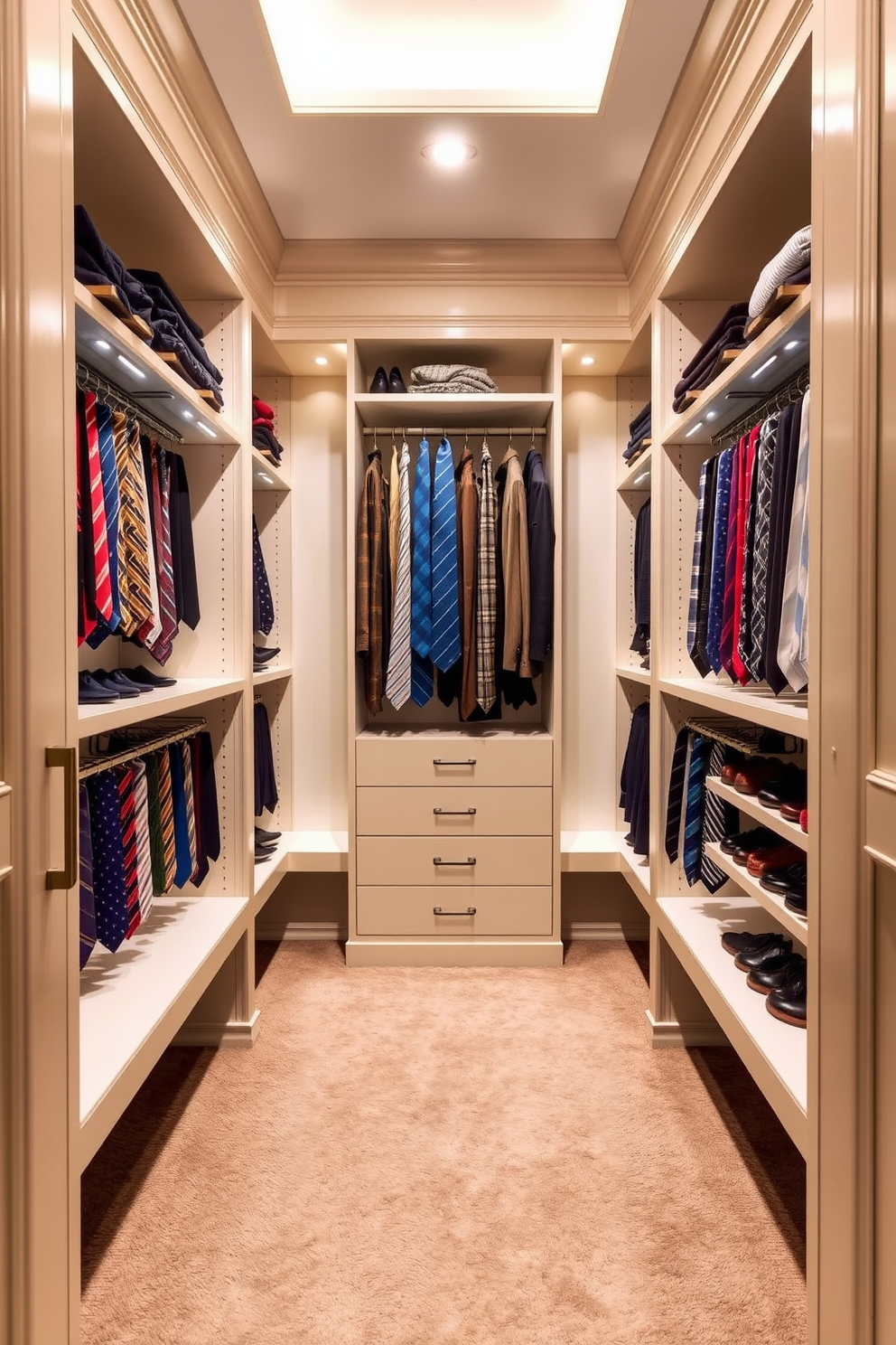 A luxury walk-in closet featuring elegant tie racks for organized accessory display. The space is designed with custom shelving, soft ambient lighting, and plush carpeting to enhance the overall sophistication.