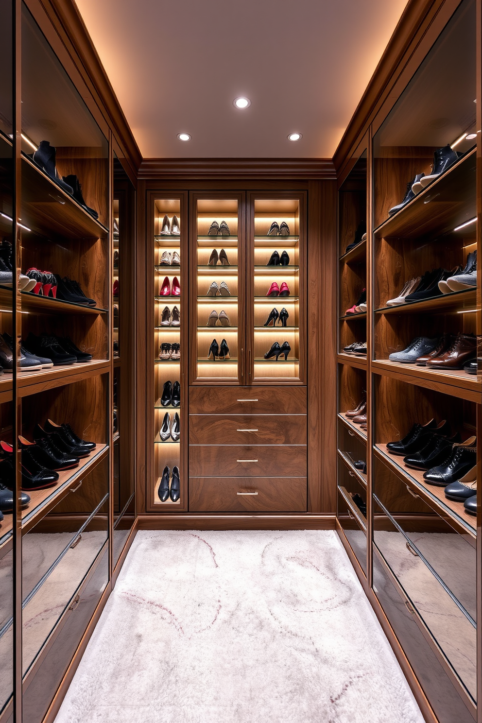 A luxurious walk-in closet featuring elegant shoe walls lined with designer footwear. The space is illuminated by soft ambient lighting, highlighting the rich textures of the cabinetry and plush carpet underfoot.