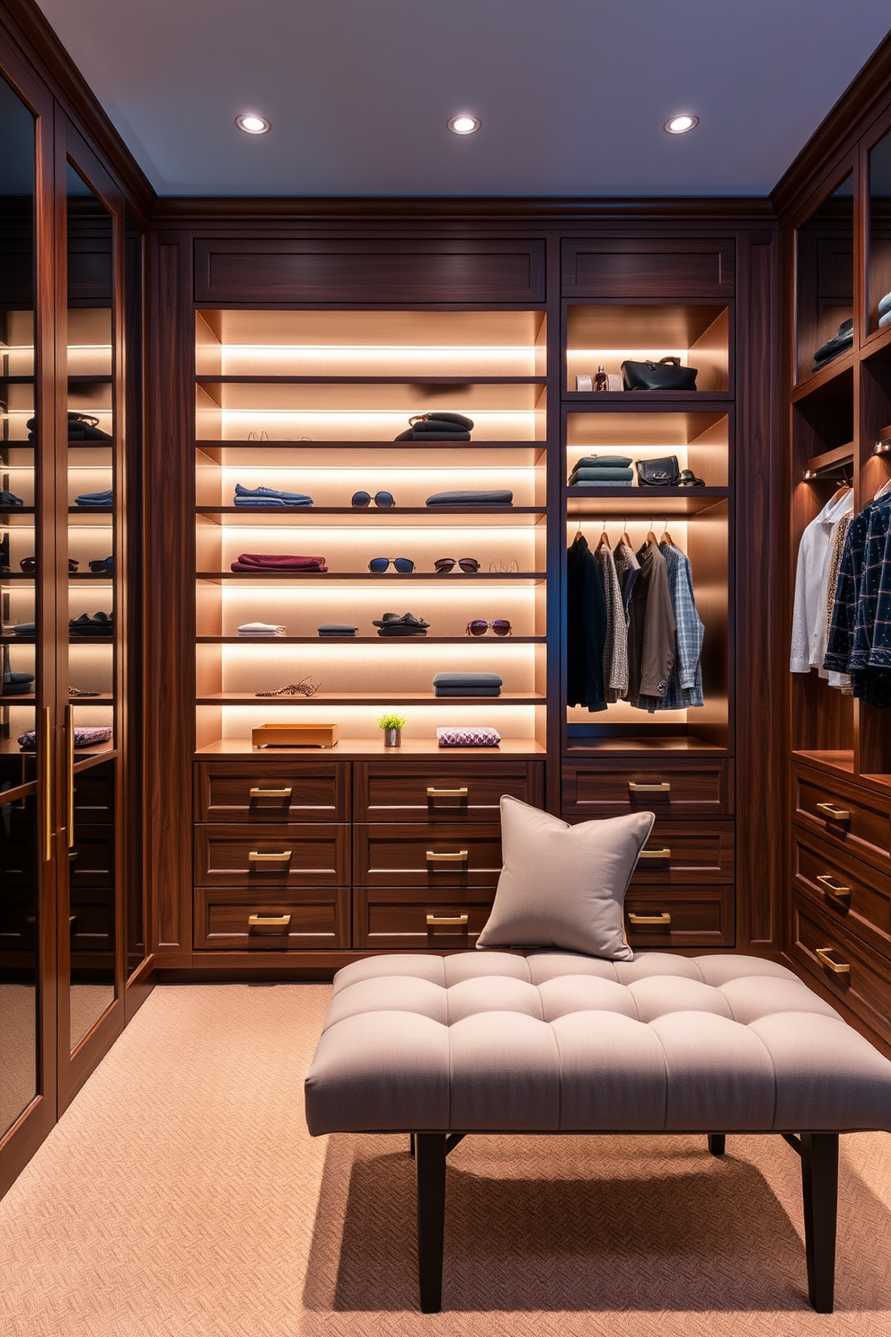 Bespoke cabinetry for tailored storage solutions. The cabinetry features a combination of open shelving and closed storage, crafted from rich walnut wood with brass hardware. Luxury walk-in-closet design ideas. The space includes a plush seating area, illuminated display shelves for accessories, and elegant lighting fixtures to enhance the overall ambiance.