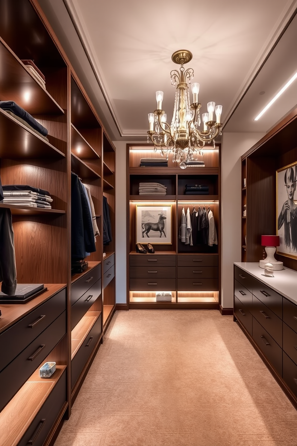 A luxury walk-in closet featuring elegant shelving and hanging spaces designed to maximize storage while maintaining a chic aesthetic. Soft lighting illuminates the space, highlighting art pieces and decorative elements that enhance the overall ambiance. Rich wood finishes and plush carpeting create a warm and inviting atmosphere. A statement chandelier adds a touch of glamour, while carefully curated art pieces adorn the walls, providing a sophisticated focal point.