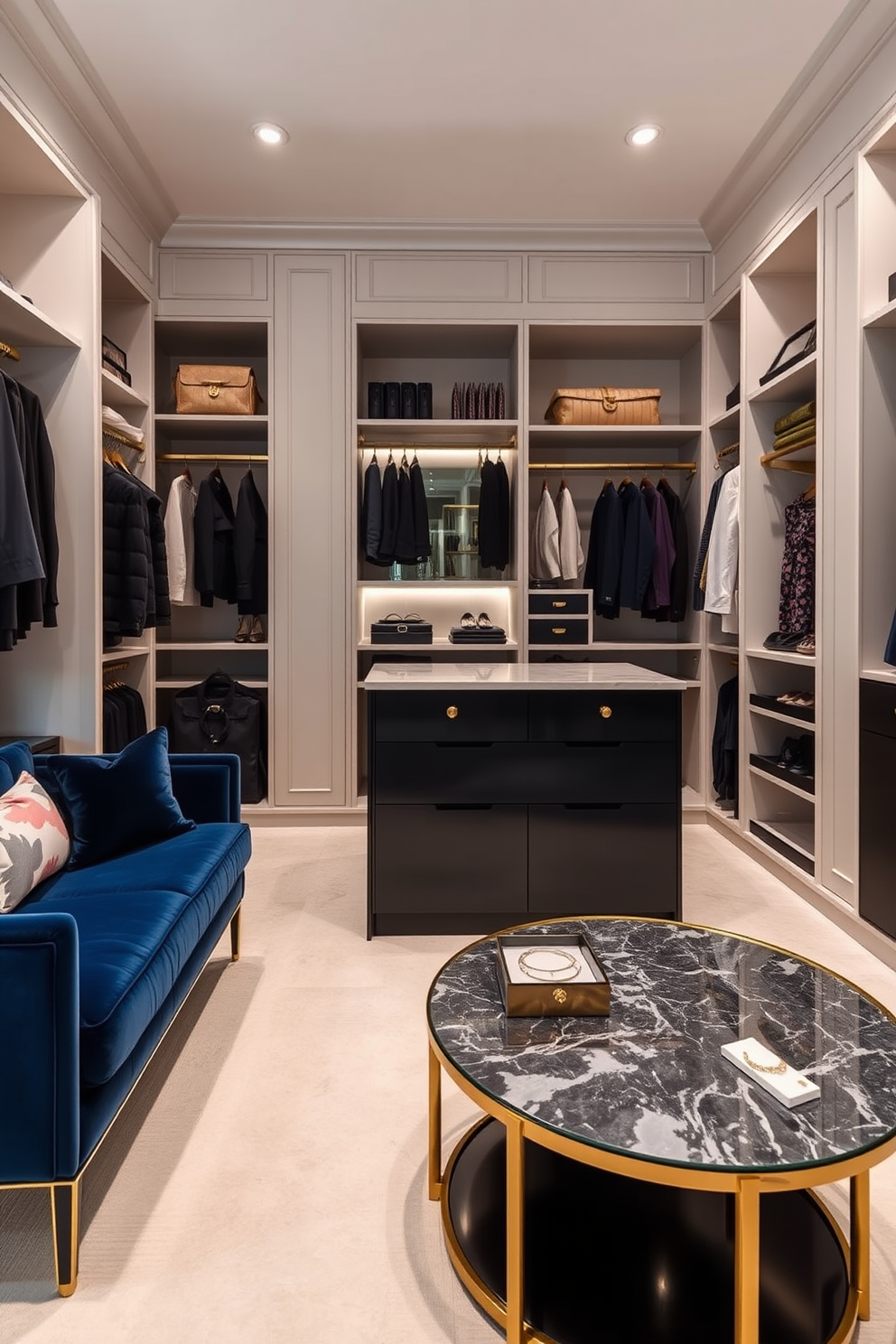 Chic seating area for outfit planning. A plush velvet sofa in a deep navy hue sits against the wall, complemented by a stylish round coffee table made of glass and gold accents. Luxury Walk-In-Closet Design Ideas. The closet features custom-built shelving and hanging space, with a central island topped with a marble surface for accessories and jewelry display.