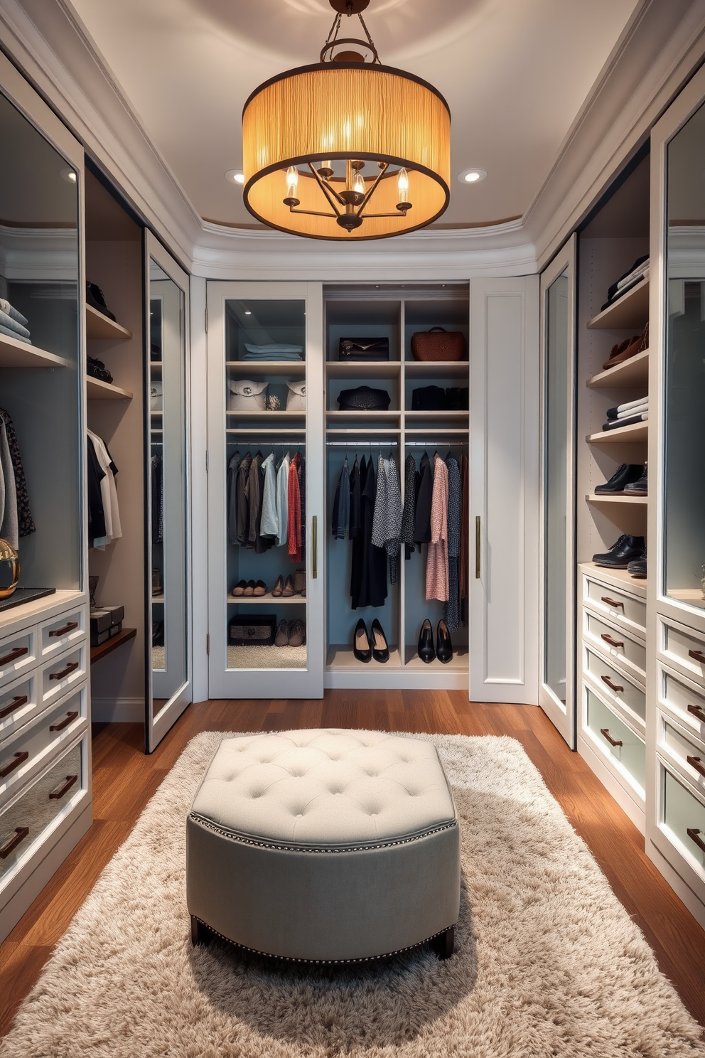 A luxurious walk-in closet featuring custom cabinetry with ample shelving and drawers to organize clothing and accessories. The space is illuminated by elegant pendant lighting, and a plush area rug adds warmth underfoot. Mirrored sliding doors reflect the stylish decor, creating a sense of openness. A comfortable seating area with a chic ottoman provides a perfect spot for putting on shoes or planning outfits.