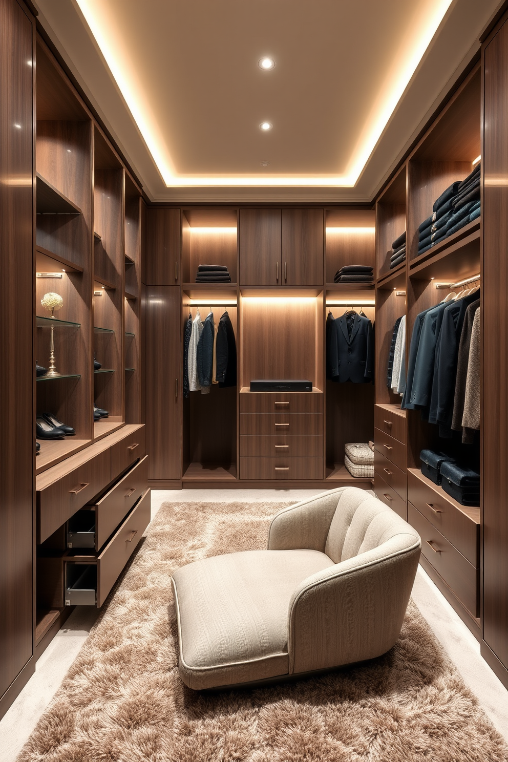 A luxurious walk-in closet featuring hidden compartments for discreet organization. Elegant shelving and drawers seamlessly blend into the design, providing ample storage while maintaining a clean aesthetic. The space is illuminated by soft, ambient lighting that highlights the rich textures of the materials used. Plush carpets underfoot add comfort, while a stylish seating area invites relaxation amidst the organized beauty.