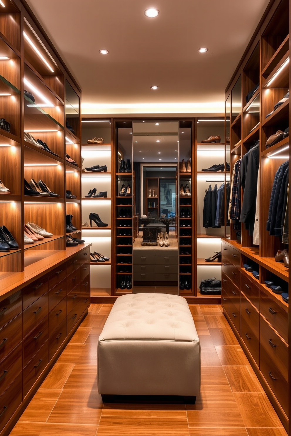 A luxury walk-in closet featuring floor-to-ceiling storage that maximizes capacity. The design includes custom shelving and drawers in rich wood finishes, with a plush seating area in the center. Soft lighting highlights the elegant display of shoes and accessories, creating a warm and inviting atmosphere. A full-length mirror is strategically placed to enhance the sense of space and style.