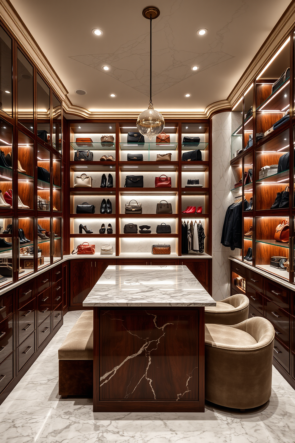 A luxurious walk-in closet featuring elegant marble finishes and rich wooden cabinetry. The space is illuminated by soft, ambient lighting that highlights the organized shelves filled with designer shoes and handbags. The center of the closet includes an island with a polished granite countertop, providing ample space for accessories and jewelry. Plush seating is positioned nearby, creating a comfortable area for trying on outfits.