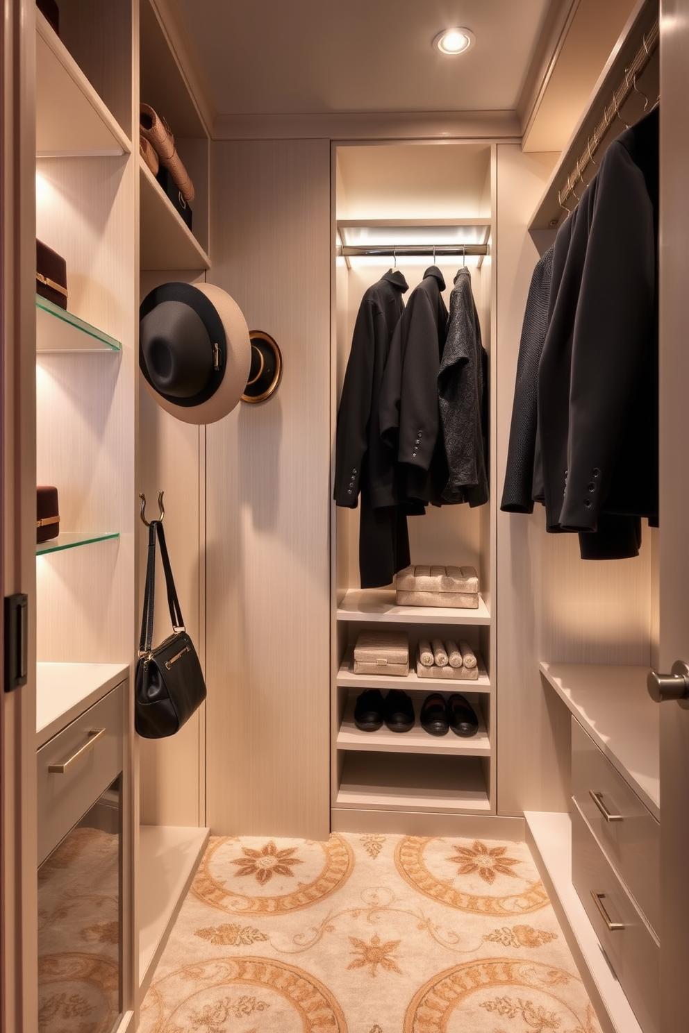 A luxury walk-in closet featuring stylish hooks for bags and hats. The space is designed with elegant shelving, soft lighting, and a plush carpet to create a sophisticated atmosphere.