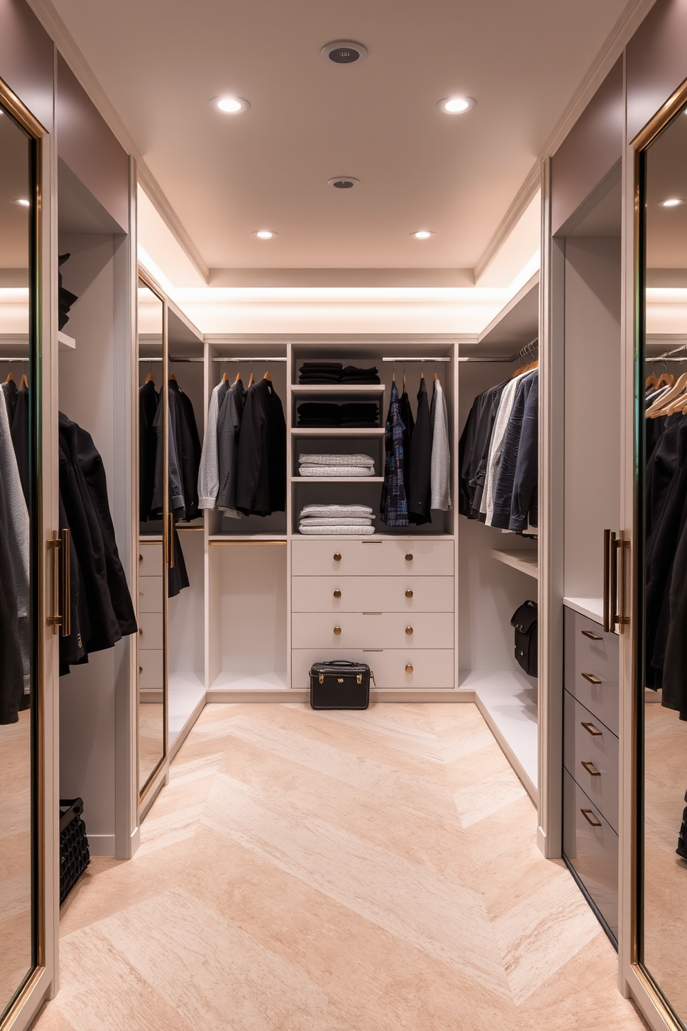 A luxurious walk-in closet features custom shelving and hanging space designed for optimal organization. The walls are adorned with soft lighting and elegant framed mirrors that enhance depth and style throughout the space.