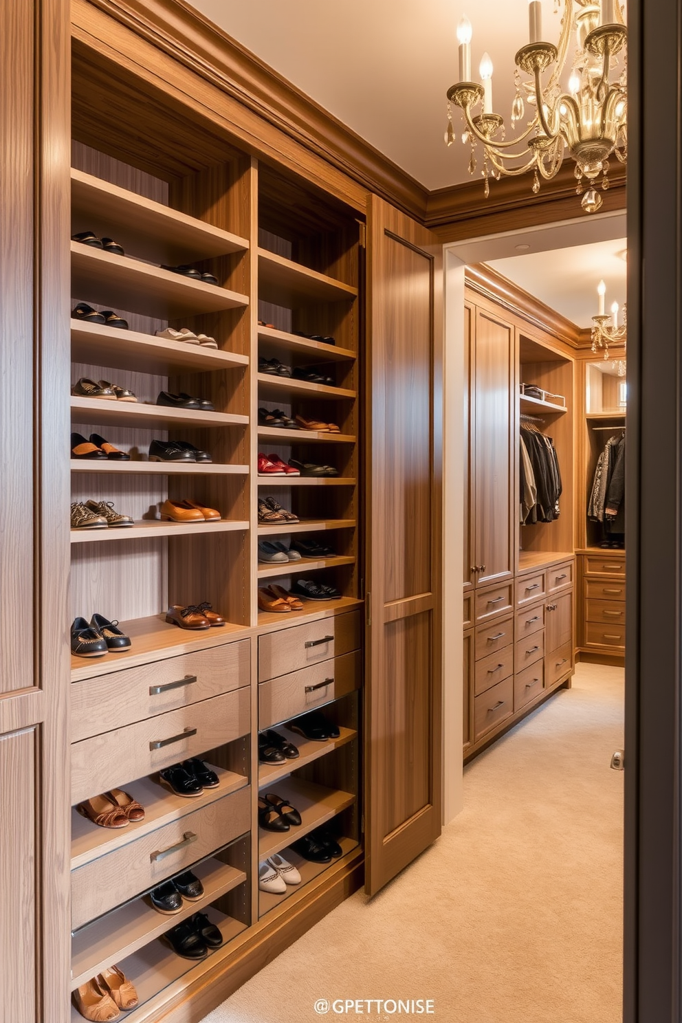 A custom shoe cabinet with adjustable shelves is designed to maximize storage and organization. The cabinet features elegant wood finishes and soft-close doors, ensuring a seamless look. The luxury walk-in closet is spacious and well-lit, showcasing a combination of open shelving and closed cabinetry. Plush carpeting and a stylish chandelier add a touch of opulence to the space.