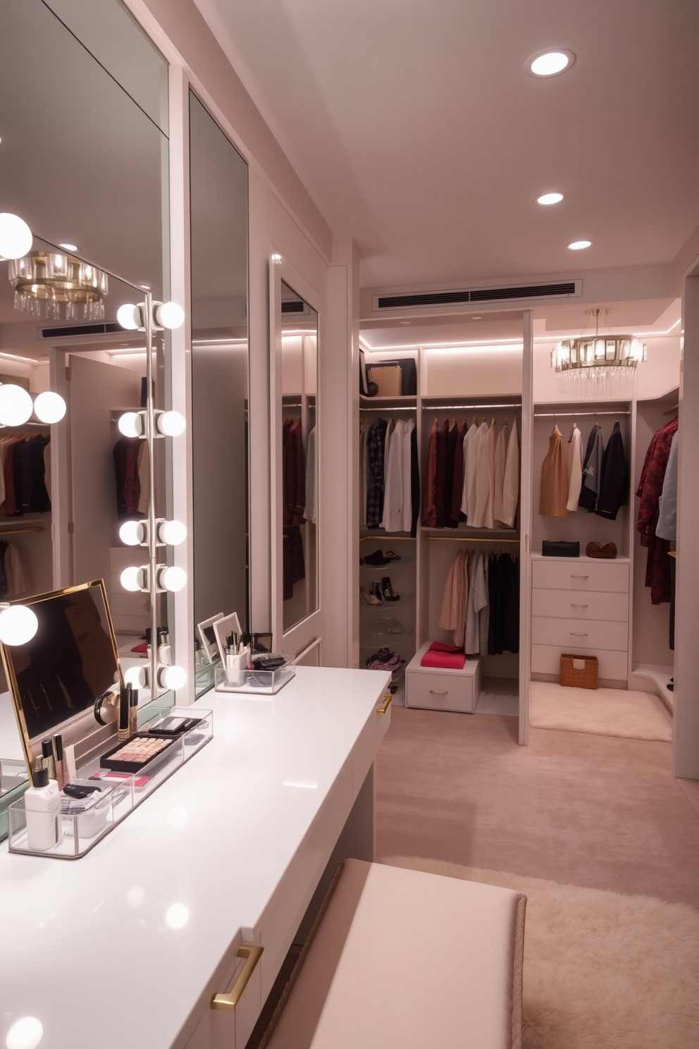 A makeup vanity with ample lighting features a sleek white countertop adorned with elegant makeup organizers. Surrounding the vanity, soft LED lights illuminate the space, creating a warm and inviting atmosphere. The luxury walk-in closet is designed with custom shelving and hanging space to accommodate a vast wardrobe collection. Plush carpet underfoot and a stylish chandelier overhead enhance the opulence of this organized retreat.