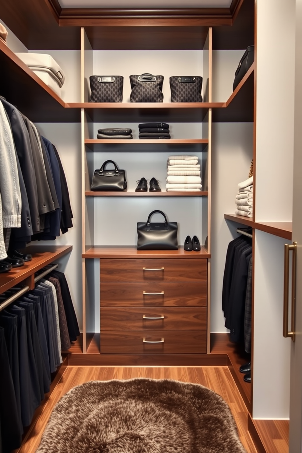 A luxury walk-in closet featuring custom shelving designed for personalized organization. The shelves are crafted from rich walnut wood, providing ample space for shoes, bags, and folded clothes, while a plush area rug adds warmth to the space.