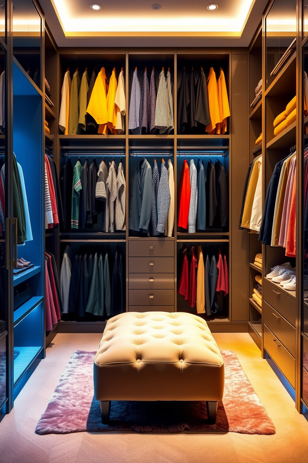 A luxury walk-in closet featuring color-coordinated clothing arranged by hue for visual appeal. The space includes elegant shelving units, a plush ottoman in the center, and soft ambient lighting to enhance the overall aesthetic.