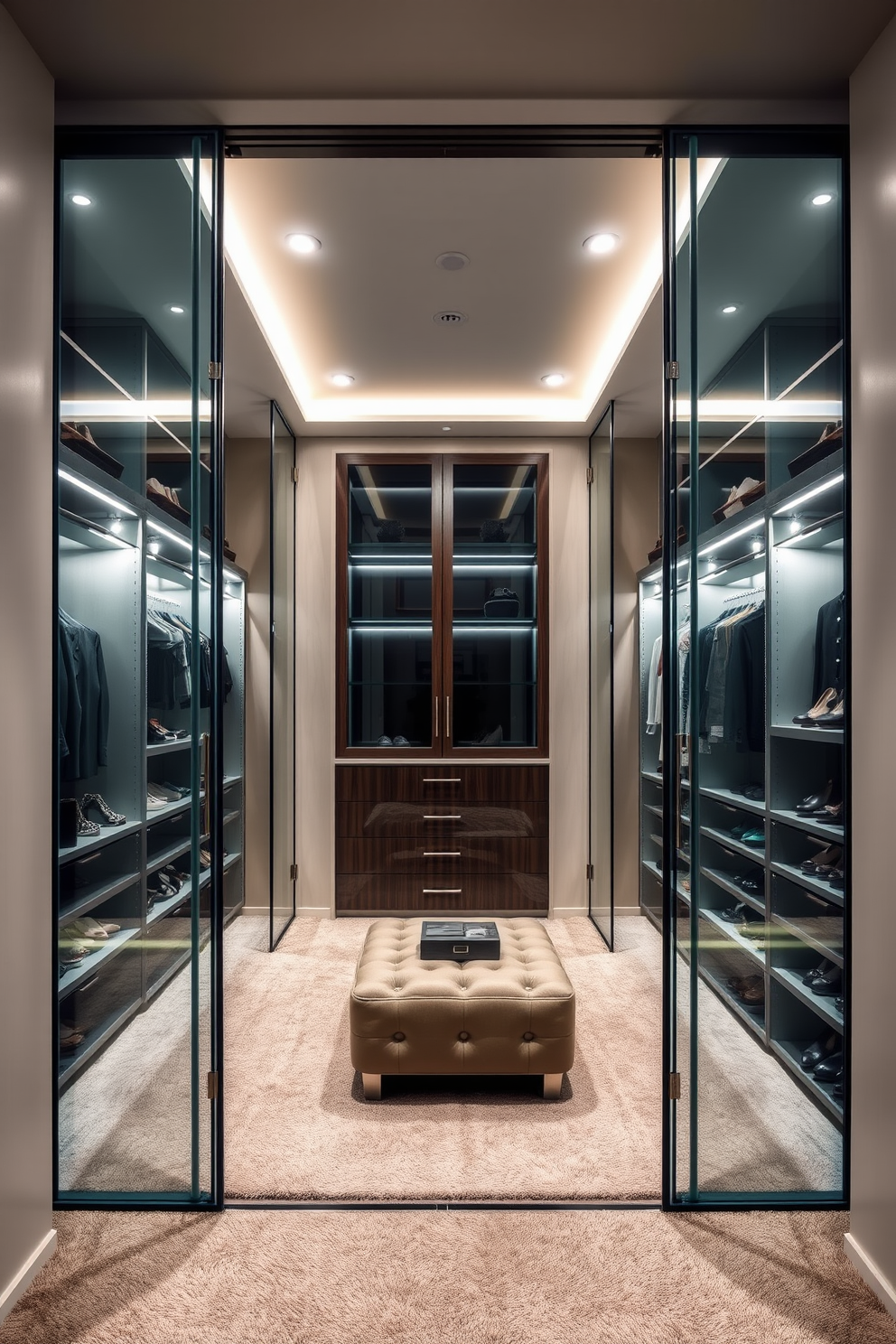 A luxury walk-in closet featuring sleek glass doors that create a modern and airy feel. The space is illuminated by recessed lighting, highlighting the elegant shelving and plush carpet underfoot. Inside, custom cabinetry showcases a mix of open and closed storage options for shoes and accessories. A stylish ottoman sits in the center, providing a comfortable spot for dressing and adding a touch of sophistication.