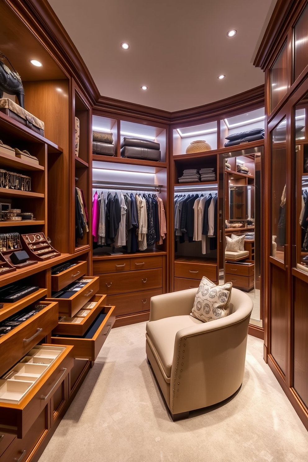 A luxurious walk-in closet featuring built-in jewelry drawers for easy access. The space is adorned with elegant shelving and soft ambient lighting, creating a sophisticated atmosphere. The closet includes a plush seating area and a full-length mirror, enhancing both functionality and style. Rich wood finishes and high-end fabrics complement the overall design, making it a perfect retreat for fashion enthusiasts.