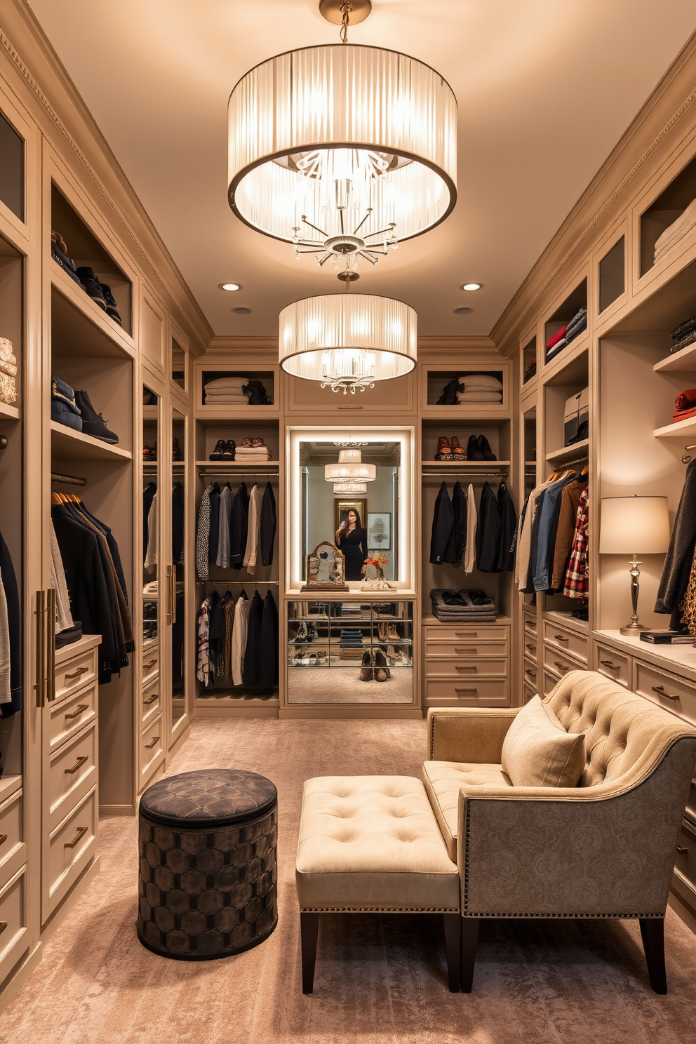 A luxury walk-in closet features statement lighting fixtures that serve as stunning focal points. The space is designed with custom cabinetry, plush carpeting, and a chic seating area, creating an inviting atmosphere for organizing and displaying fashion items.