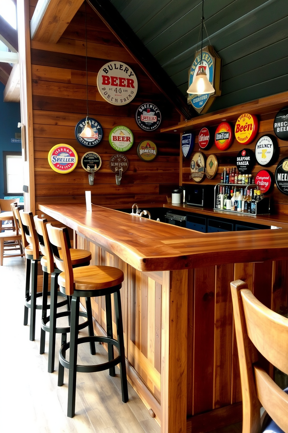 A rustic wooden bar with high stools creates a warm and inviting atmosphere. The bar features a live edge countertop and is surrounded by reclaimed wood paneling, with vintage beer signs adorning the walls.