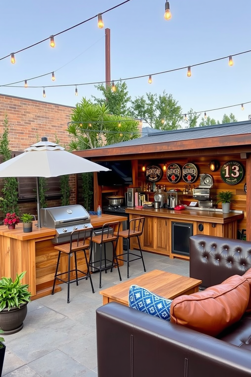 A stylish outdoor patio bar featuring a modern grill setup. The bar is made of natural wood with high stools and an umbrella for shade, surrounded by potted plants and string lights for ambiance. A cozy man cave bar designed with rustic elements. The bar is crafted from reclaimed wood, with vintage beer signs on the walls and comfortable leather seating for relaxation and entertainment.