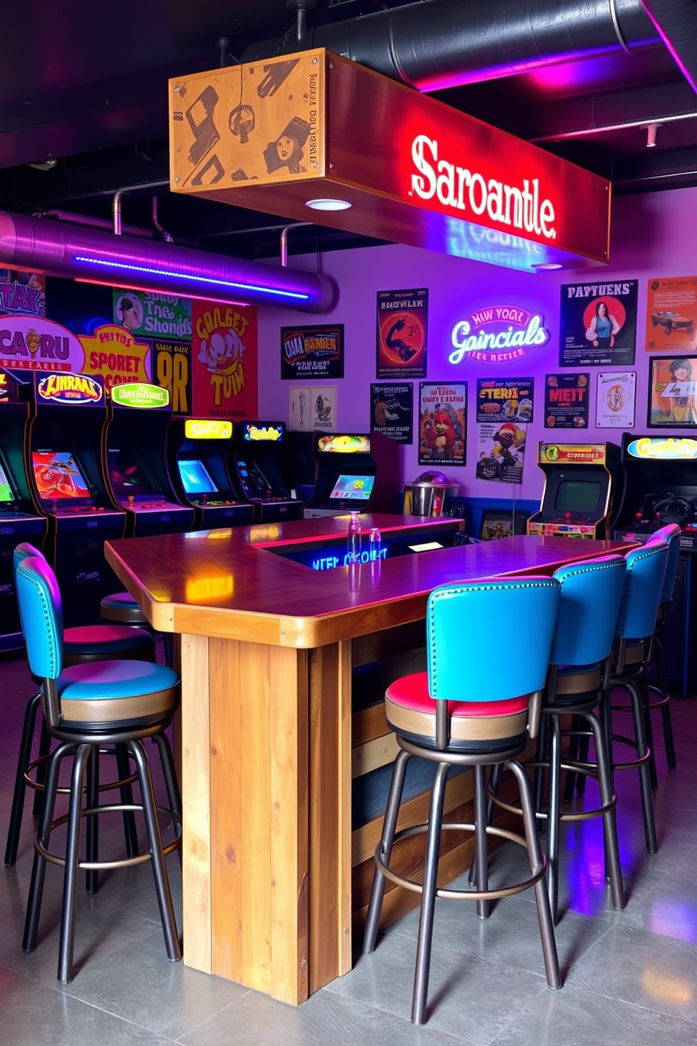 A vibrant game room bar featuring vintage arcade machines lining the walls. The bar itself is crafted from reclaimed wood with a polished countertop, illuminated by neon lights that create a playful atmosphere. High-top stools with colorful upholstery surround the bar area, inviting friends to gather and enjoy. The walls are adorned with retro posters and gaming memorabilia, enhancing the man cave vibe.