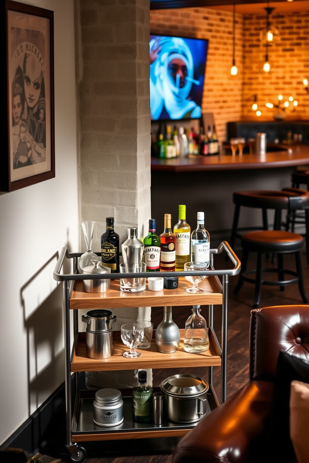 A stylish bar cart is positioned in a cozy corner, featuring a sleek design with a mix of wood and metal elements. It is adorned with an assortment of glassware, a cocktail shaker, and a selection of premium spirits, creating an inviting atmosphere for entertaining. The man cave is designed with a rustic charm, featuring exposed brick walls and comfortable leather seating. A custom-built bar area showcases a variety of drinks, complete with bar stools and ambient lighting for a relaxed and enjoyable setting.